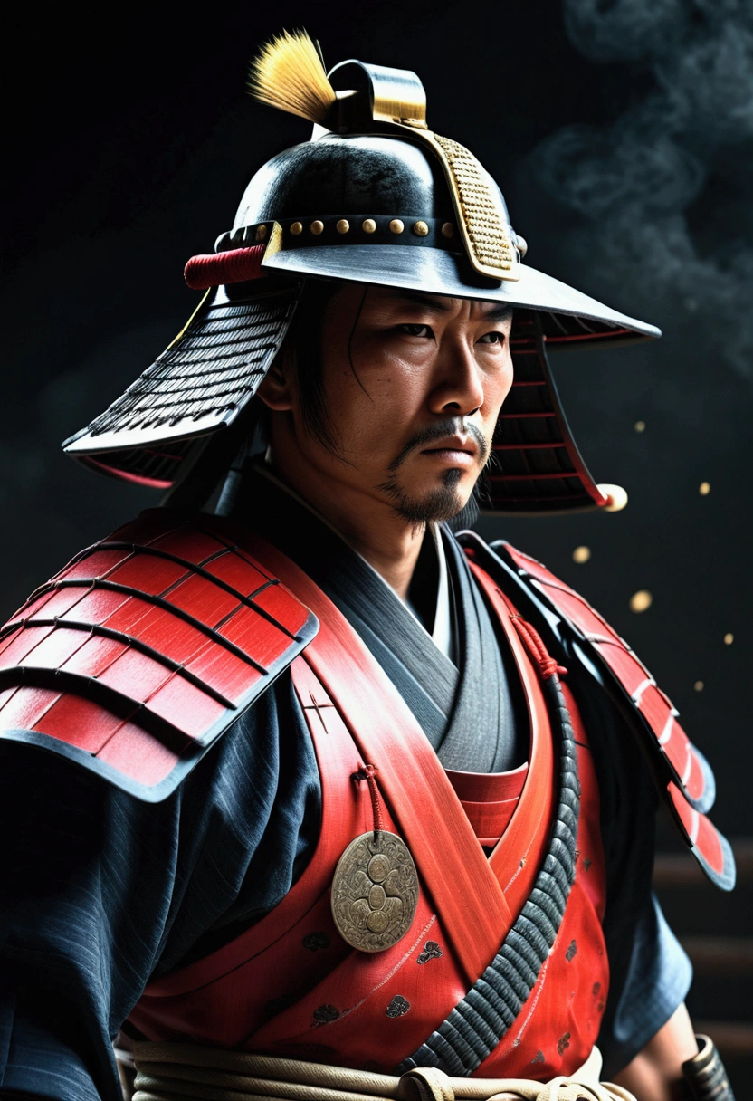 a samurai warrior in japan,dark moody atmosphere,realistic,dust particles,hazy environment,best quality,8k,highres,masterpiece:1.2,ultra-detailed,realistic,photorealistic,photo-realistic:1.37,dramatic lighting,cinematic,chiaroscuro,dark colors,muted tones,moody colors,dramatic shadows,studio lighting,physically-based rendering,extreme detail description,professional,vivid colors