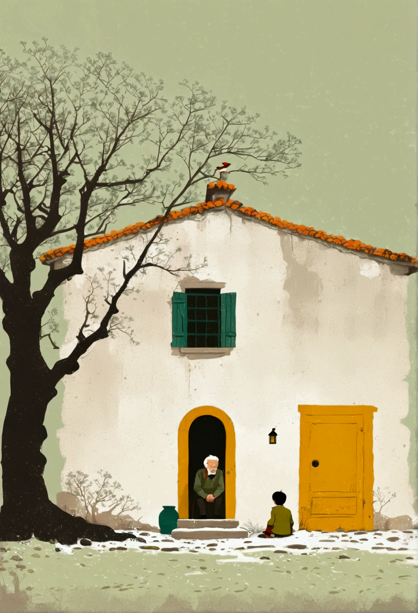 Alessandro Gotado (Alessandro Gottardo) style of.(((blank,Negative Space:2))).(((Simple style,panoramic,Wide Angle))). A cartoon,Childish Art,Pastel Art,watercolor,Gouache:China 70onligh,A small house under a  tree，Old man and child sitting at the door，Solid color background，yellow and green