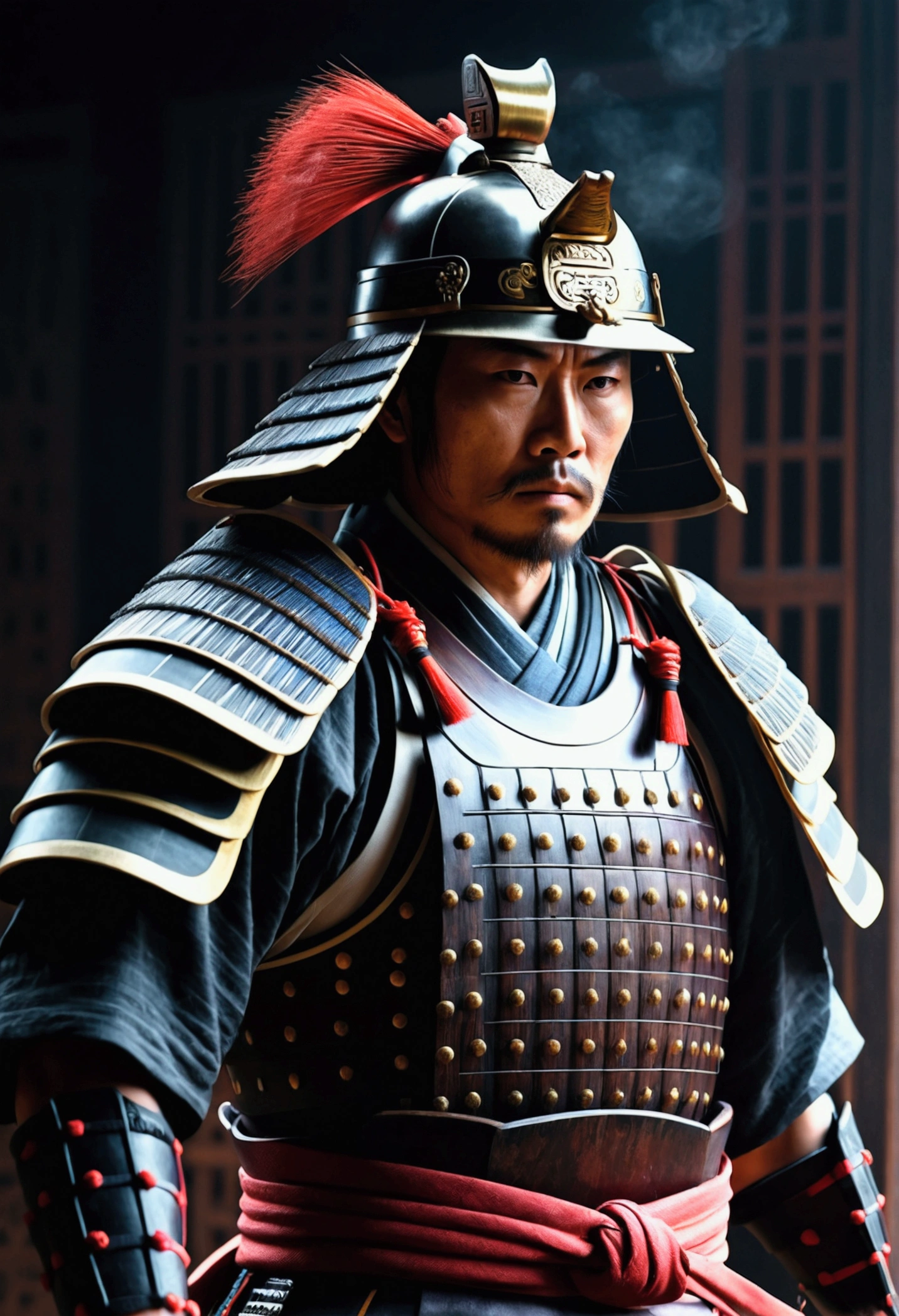 a samurai warrior in japan,dark moody atmosphere,realistic,dust particles,hazy environment,best quality,8k,highres,masterpiece:1.2,ultra-detailed,realistic,photorealistic,photo-realistic:1.37,dramatic lighting,cinematic,chiaroscuro,dark colors,muted tones,moody colors,dramatic shadows,studio lighting,physically-based rendering,extreme detail description,professional,vivid colors