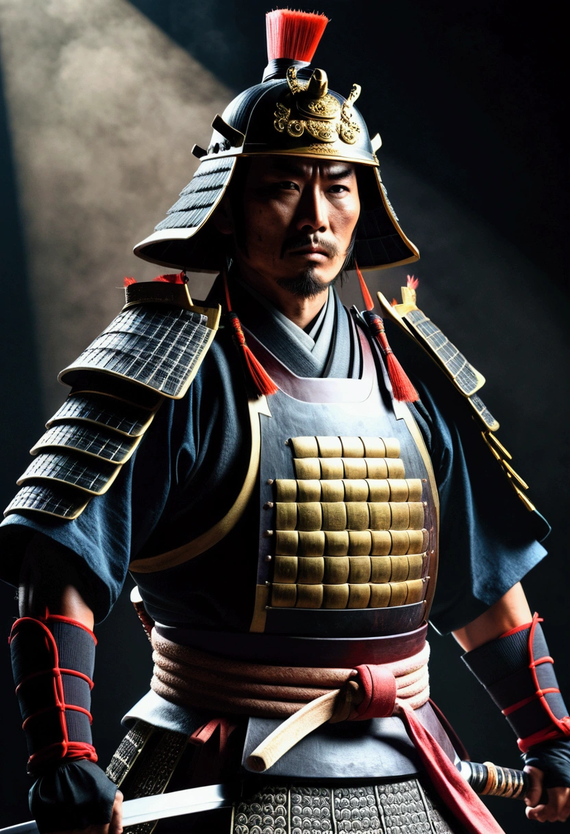 a samurai warrior in japan,dark moody atmosphere,realistic,dust particles,hazy environment,best quality,8k,highres,masterpiece:1.2,ultra-detailed,realistic,photorealistic,photo-realistic:1.37,dramatic lighting,cinematic,chiaroscuro,dark colors,muted tones,moody colors,dramatic shadows,studio lighting,physically-based rendering,extreme detail description,professional,vivid colors