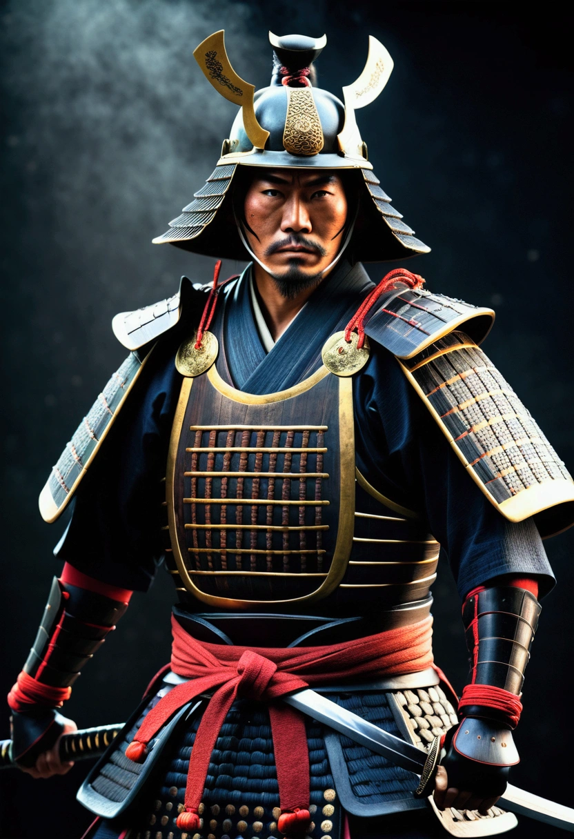 a samurai warrior in japan,dark moody atmosphere,realistic,dust particles,hazy environment,best quality,8k,highres,masterpiece:1.2,ultra-detailed,realistic,photorealistic,photo-realistic:1.37,dramatic lighting,cinematic,chiaroscuro,dark colors,muted tones,moody colors,dramatic shadows,studio lighting,physically-based rendering,extreme detail description,professional,vivid colors