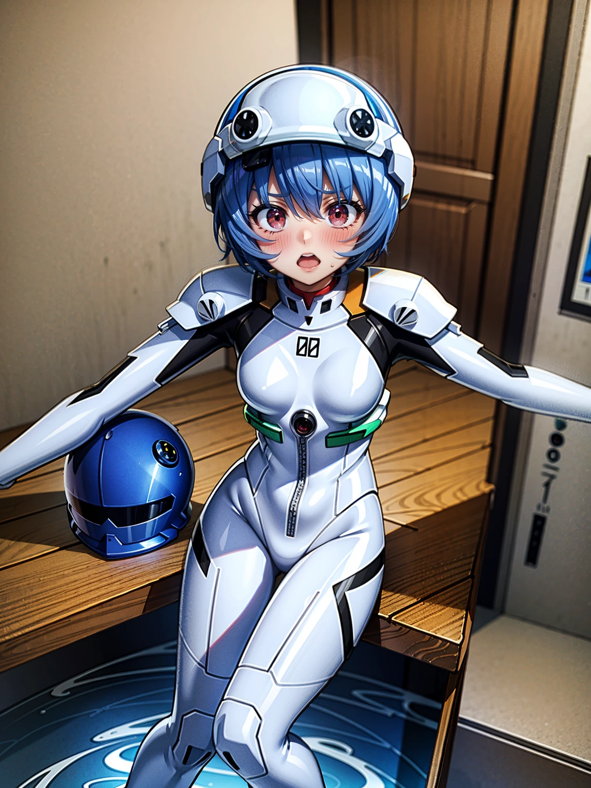 ((Highest quality, 8k wallpaper)),(masterpiece, Highest quality),Very detailed,High resolution,(Official Art:1.3),(((Anime screenshots,Black outline))),One girl,alone, Break mer1,(Rei Ayanami {neon genesis evangelion,}1.2),masterpiece, best quality, outdoor, 1girl, Solo,red eyes,short hair,blue hair, (White plug suit, skintight:1.4), (Covered in sweat, Mass sweat, Sweating profusely:1.5),(wince, surprised, crying shout,vomiting cum, forced orgasm:1.4) , (wading, fighting stance, Inner thigh posture, holding own arms, looking up:1.3),(helmet, visor:1.7),(trembling effect motion lines with sexual climax,vomiting cum, tears:1.5), 