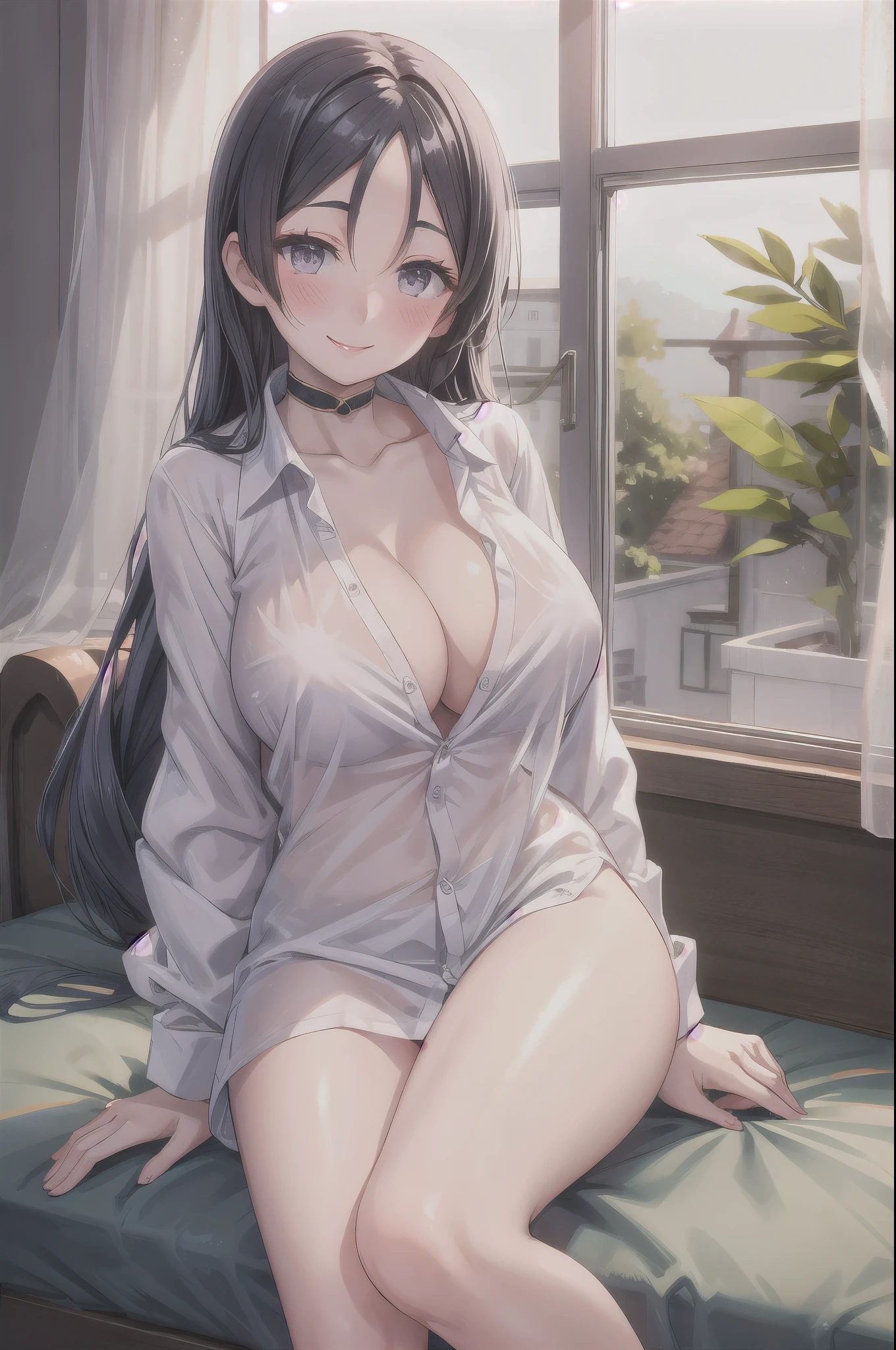 Naked shirt, Cleavage,By the window where the morning sun shines,Transparent curtains,sexly, White shirt,blush,Ecstatic smile,Girl sitting,