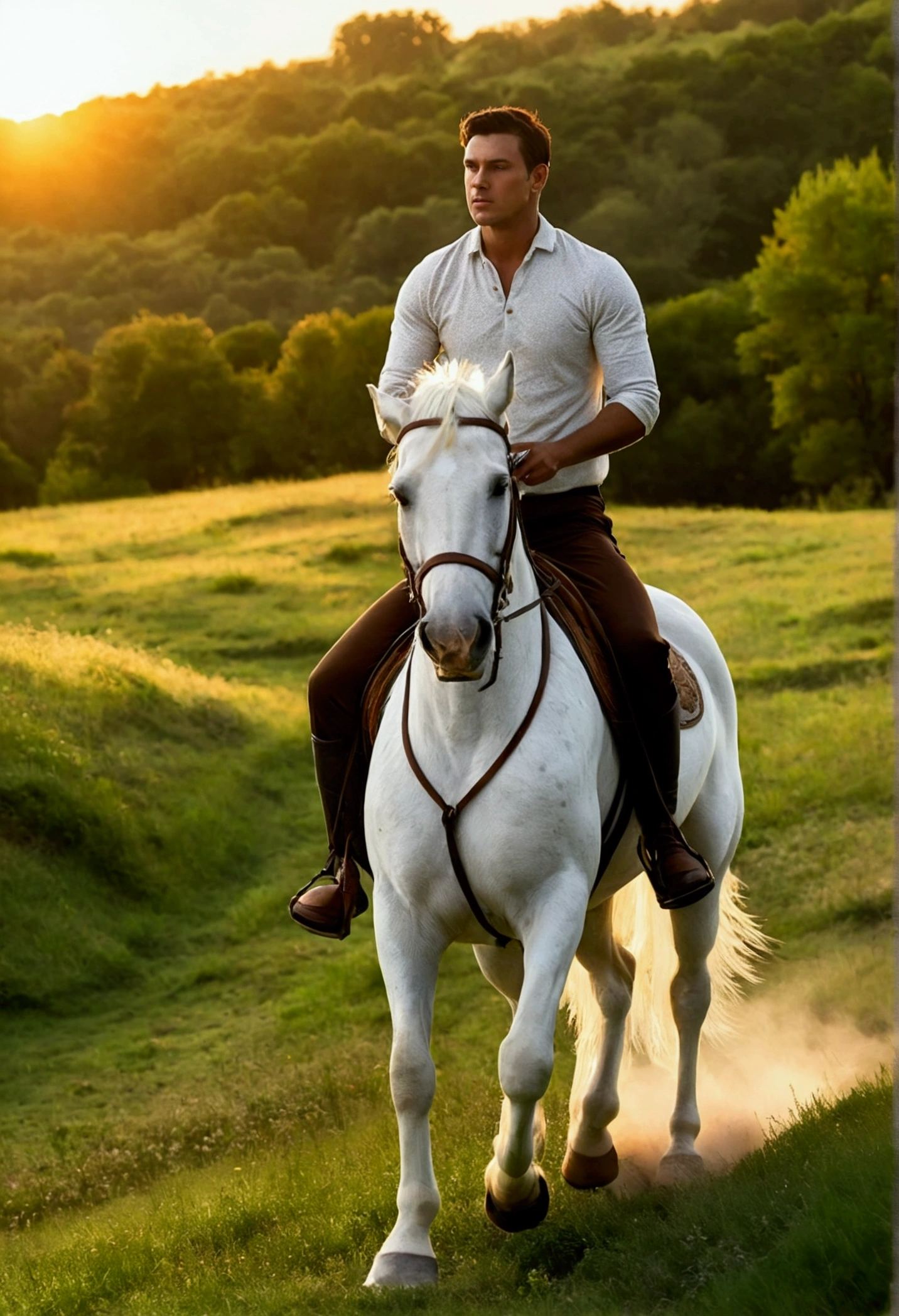 Man riding a white horse with brown spots, sun set, Green meadow