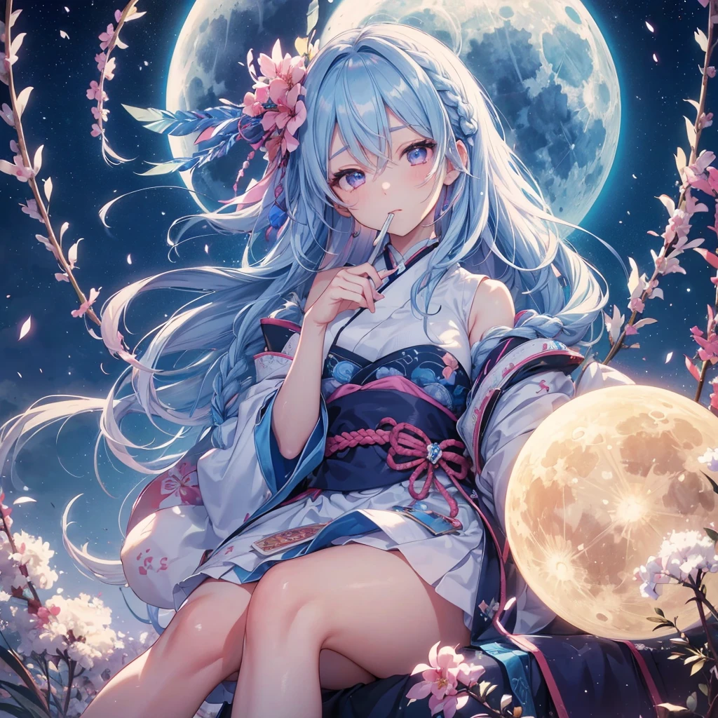 Sky blue hair, (Braided medium hair:1.2), Pink eyes,Fair skin ,(whole body),(One Girl),Tsukimi,(White sweet dumplings ),White round dumplings,Japanese pampas grass,(beautiful, Full moon shining in the night sky),(masterpiece, Highest quality, Very detailed, Best Shadow), (Detailed Background), (Beautifully detailed face), High Contrast, (Best lighting, Very delicate and beautiful), ((Cinematic Light)), colorful, Hyper Detail,8k, Dramatic Light, Intricate details,Sit and eat dumplings while watching the moon,mysterious