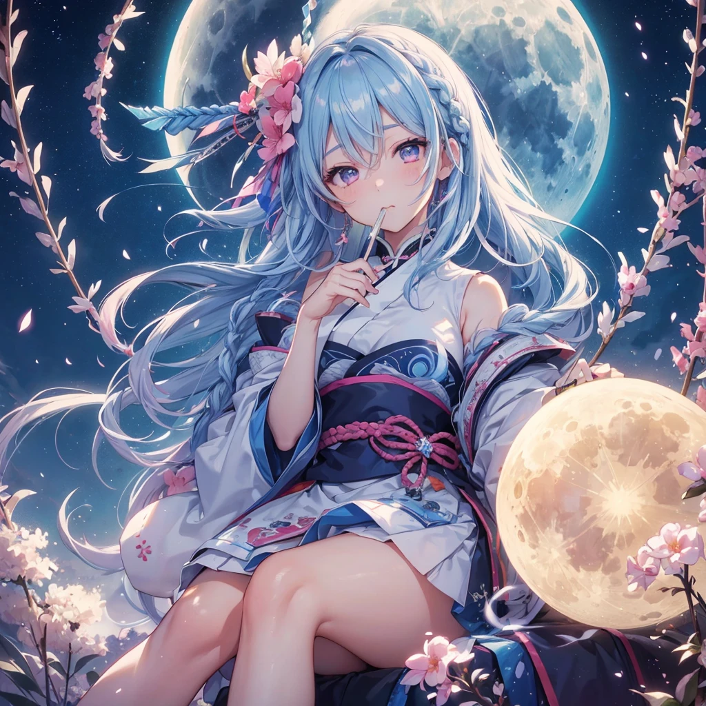 Sky blue hair, (Braided medium hair:1.2), Pink eyes,Fair skin ,(whole body),(One Girl),Tsukimi,(White sweet dumplings ),White round dumplings,Japanese pampas grass,(beautiful, Full moon shining in the night sky),(masterpiece, Highest quality, Very detailed, Best Shadow), (Detailed Background), (Beautifully detailed face), High Contrast, (Best lighting, Very delicate and beautiful), ((Cinematic Light)), colorful, Hyper Detail,8k, Dramatic Light, Intricate details,Sit and eat dumplings while watching the moon,mysterious