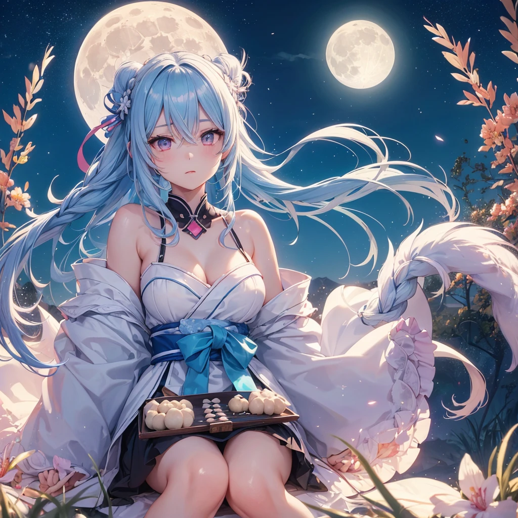 Sky blue hair, (Braided medium hair:1.2), Pink eyes,Fair skin ,(whole body),(One Girl),Tsukimi,(White sweet dumplings ),White round dumplings,Japanese pampas grass,(beautiful, Full moon shining in the night sky),(masterpiece, Highest quality, Very detailed, Best Shadow), (Detailed Background), (Beautifully detailed face), High Contrast, (Best lighting, Very delicate and beautiful), ((Cinematic Light)), colorful, Hyper Detail,8k, Dramatic Light, Intricate details,Sit and eat dumplings while watching the moon,mysterious