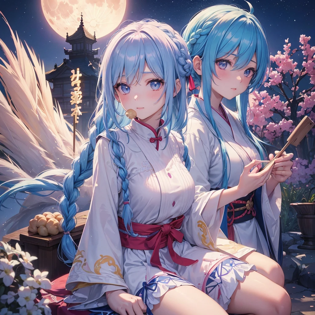Sky blue hair, (Braided medium hair:1.2), Pink eyes,Fair skin ,(whole body),(One Girl),Tsukimi,(White sweet dumplings ),White round dumplings,Japanese pampas grass,(beautiful, Full moon shining in the night sky),(masterpiece, Highest quality, Very detailed, Best Shadow), (Detailed Background), (Beautifully detailed face), High Contrast, (Best lighting, Very delicate and beautiful), ((Cinematic Light)), colorful, Hyper Detail,8k, Dramatic Light, Intricate details,Sit and eat dumplings while watching the moon,mysterious
