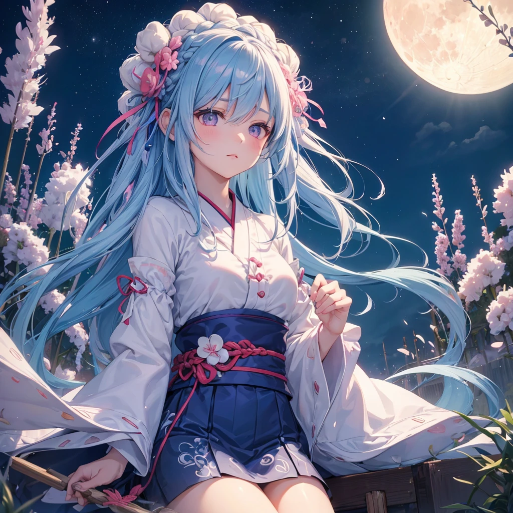 Sky blue hair, (Braided medium hair:1.2), Pink eyes,Fair skin ,(whole body),(One Girl),Tsukimi,(White sweet dumplings ),White round dumplings,Japanese pampas grass,(beautiful, Full moon shining in the night sky),(masterpiece, Highest quality, Very detailed, Best Shadow), (Detailed Background), (Beautifully detailed face), High Contrast, (Best lighting, Very delicate and beautiful), ((Cinematic Light)), colorful, Hyper Detail,8k, Dramatic Light, Intricate details,Sit and eat dumplings while watching the moon,mysterious