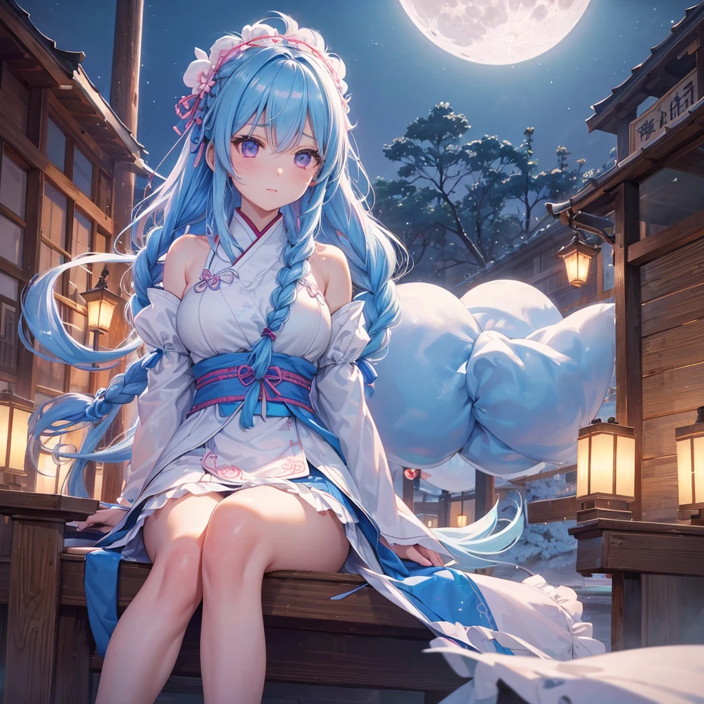 Sky blue hair, (Braided medium hair:1.2), Pink eyes,Fair skin ,(whole body),(One Girl),Tsukimi,(White sweet dumplings ),White round dumplings,Japanese pampas grass,(beautiful, Full moon shining in the night sky),(masterpiece, Highest quality, Very detailed, Best Shadow), (Detailed Background), (Beautifully detailed face), High Contrast, (Best lighting, Very delicate and beautiful), ((Cinematic Light)), colorful, Hyper Detail,8k, Dramatic Light, Intricate details,Sit and eat dumplings while watching the moon,mysterious