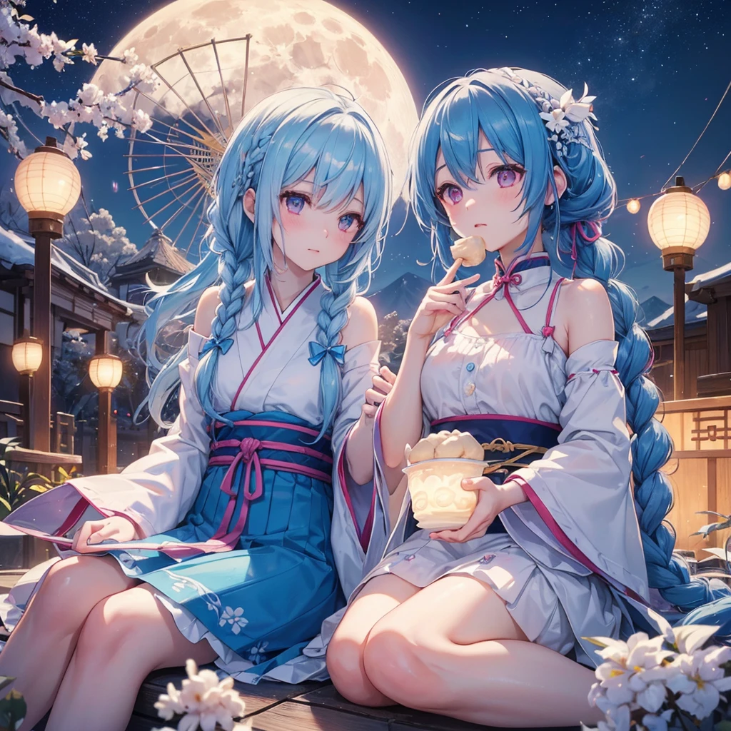 Sky blue hair, (Braided medium hair:1.2), Pink eyes,Fair skin ,(whole body),(One Girl),Tsukimi,(White sweet dumplings ),White round dumplings,Japanese pampas grass,(beautiful, Full moon shining in the night sky),(masterpiece, Highest quality, Very detailed, Best Shadow), (Detailed Background), (Beautifully detailed face), High Contrast, (Best lighting, Very delicate and beautiful), ((Cinematic Light)), colorful, Hyper Detail,8k, Dramatic Light, Intricate details,Sit and eat dumplings while watching the moon,mysterious