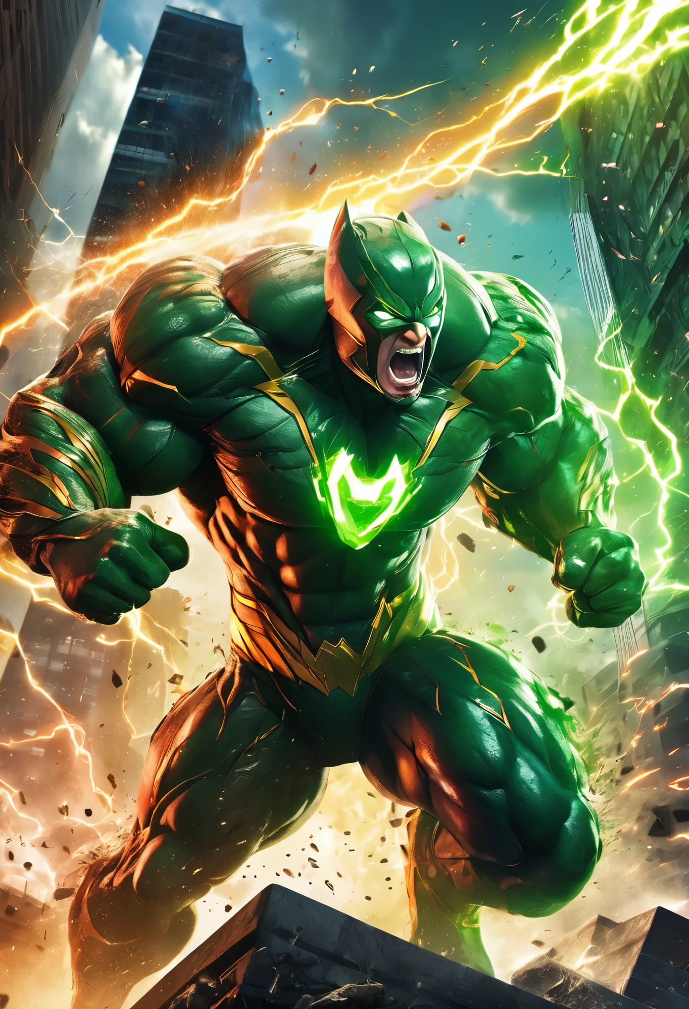 (Highest quality,High resolution:1.2),High resolution,Very detailed,Very detailedハルク, Intense battle scenes, Vibrant colors, Explosive special effects, Dramatic lighting, Comic book style, Muscular physique, Intense expression, Dynamic Angle, pink々The splinter that became, Cinematic atmosphere, Powerful punch, Adrenaline-pumping action, Raging emotions, epic showdown, Epic Battles, city skyline background, Impactful poses, Energy explosion, Dynamic Motion Lines, Dramatic Shadows, Intense close-up, Increasing Intensity, Superhero Proportions, Atmospheric smoke, Crumbling Building, A thunderous shock, Electrical sparks, Glowing Eyes, Iconic green skin, Intense roar, A spectacular display of power, Chaotic destruction, Iconic heroes, Awe-inspiring Strength.
