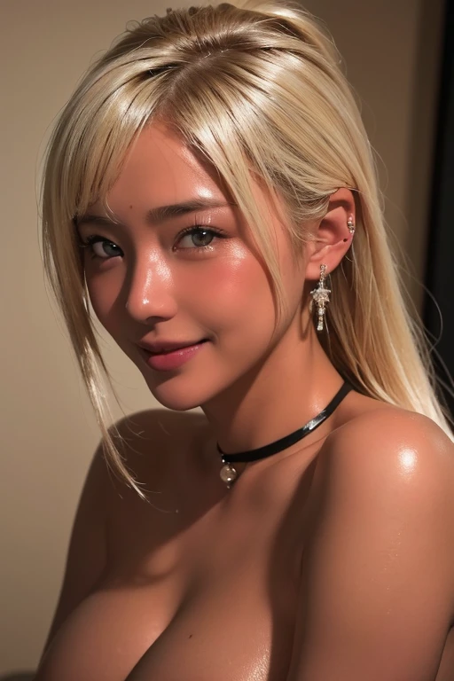 (Highest quality, 4K, 8k, High resolution, masterpiece:1.2), Very detailed, (Realistic, photoRealistic, photo-Realistic:1.37)、Private room、Japanese、Big Breasts、smile、One Girl、(Completely naked）、ear piercing、Blonde with a black choker、(Hairstyle:random),Shiny skin caused by lotion、Gal Fashion、Oily skin、Sweaty skin、(Full body photo)