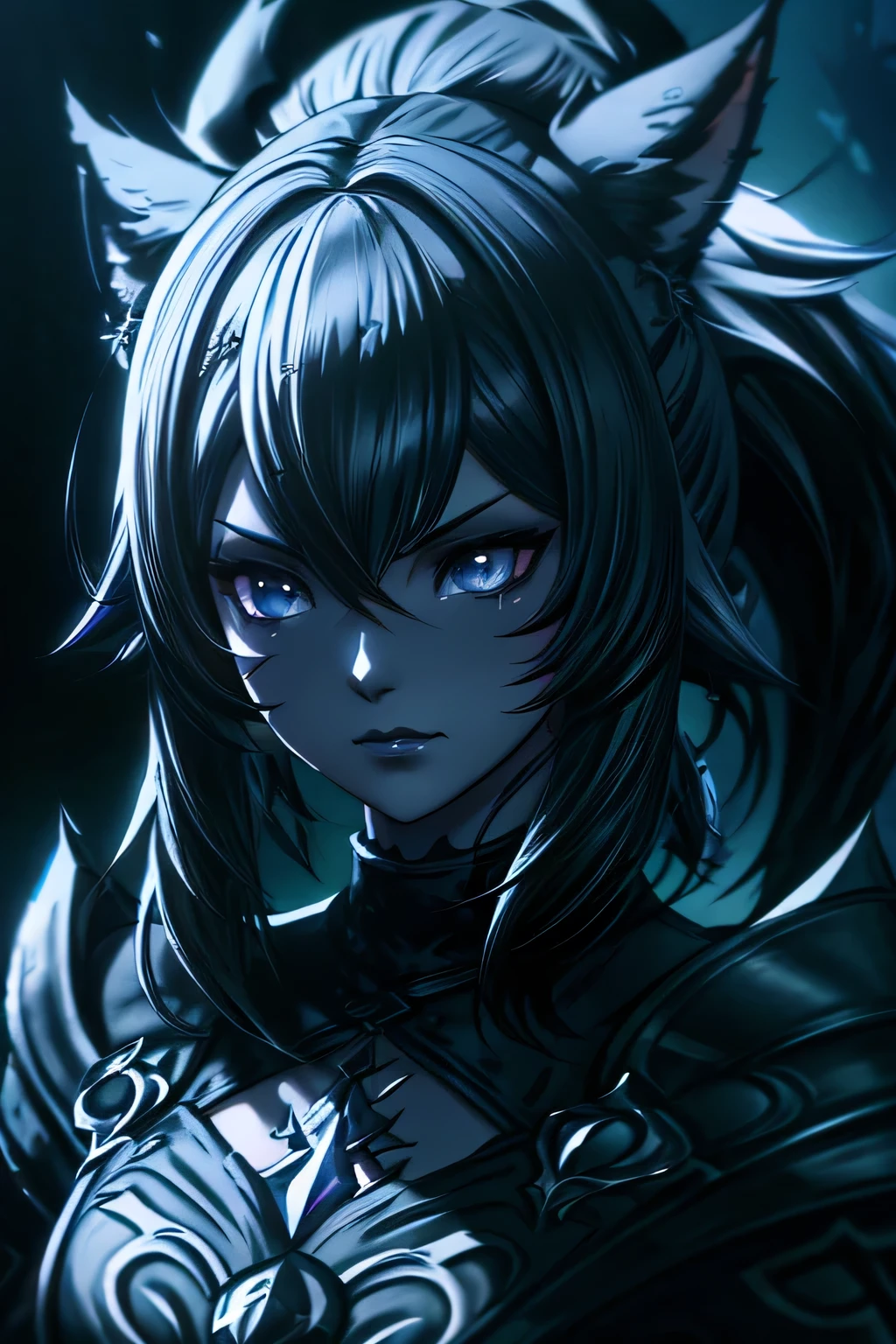 A young woman with black spiky sideswept hair,black cat ears,extremely detailed face,pale gray skin,white iris,round pupils,beautiful detailed eyes,beautiful detailed lips, faint black lipstick,fantasy,final fantasy 14 style,FemmeMiq,DRK_Glam,masterpiece,photorealistic,film grain,dark lighting,moody atmosphere,dramatic chiaroscuro lighting,cinematic,digital painting