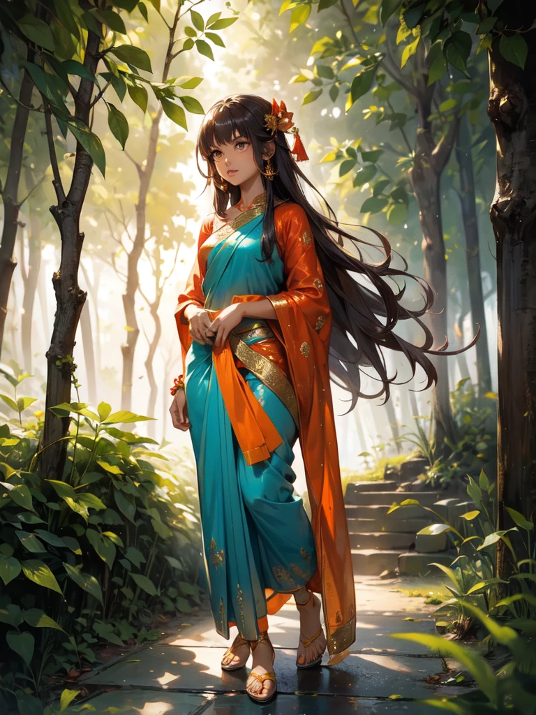A Sanatani Hindu young woman in vibrant traditional orange Sanatani saree, standing in the midst of a mystical forest, And Hindu temple behind her