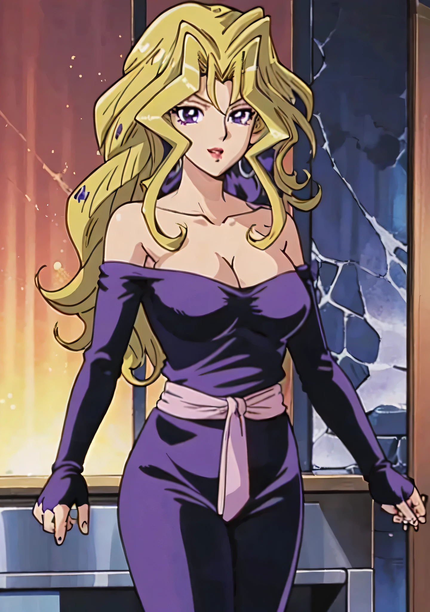 masterpiece、Highest quality、Anime Women、solo、Watching the audience、laugh at、Long Hair、bionde、eyelash、lipstick、Purple Eyes、Wavy Hair、Big Breasts、A woman with very large breasts、collarbone、Purple bodysuit、Off the shoulder、Long sleeve、Pink sash、