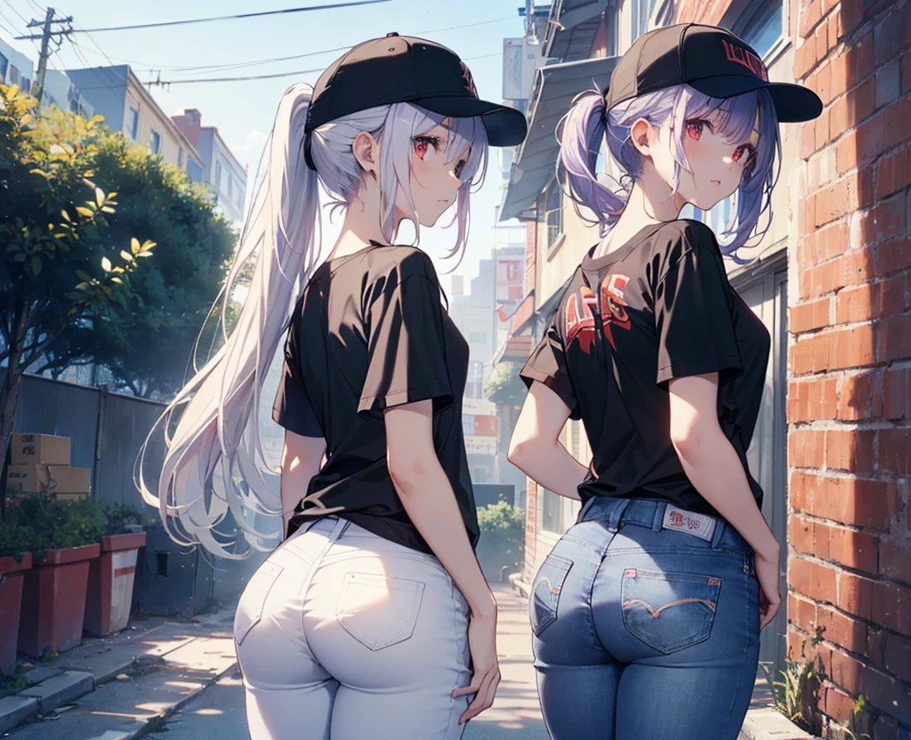 (Close-up:1.3),Realistic,Highest quality, Super detailed, High-quality CG rendering, The most delicate and beautiful, Floating softly, High resolution, (1 girl), (Highest quality,4K,8k,masterpiece:1.2), Light purple hair,(Very long ponytail:1.5),Red eyes,(Pure white oversized short sleeve T-shirt:1.3),(Black skinny jeans:1.3),(Pure white baseball cap:1.3),In the city,old buildings,Narrow back alley,(Turn your back to your audience:1.3),Butt