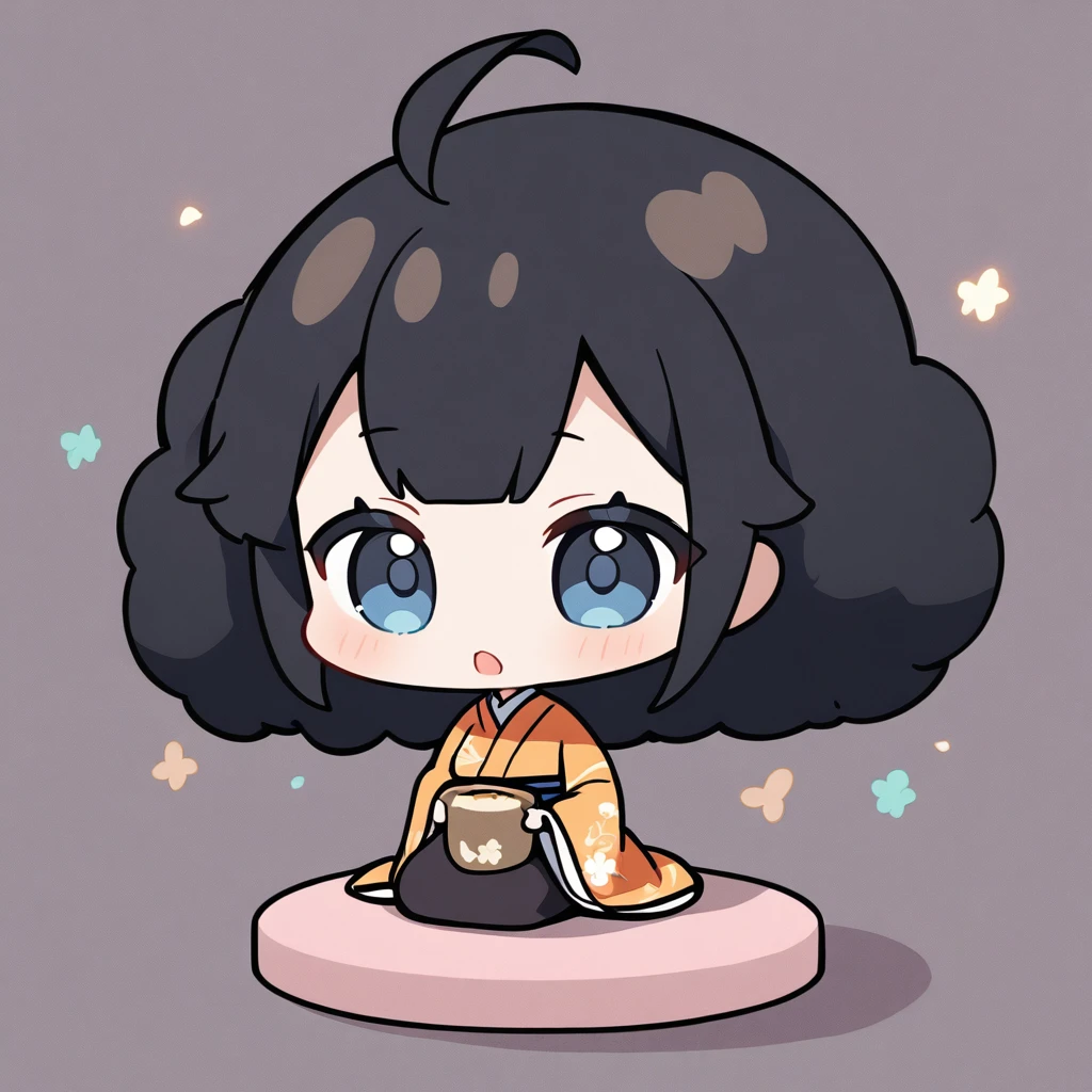 A girl in a kimono sits upright、Offering an Afro wig、Chibi Character、Ahoge、Black Hair、