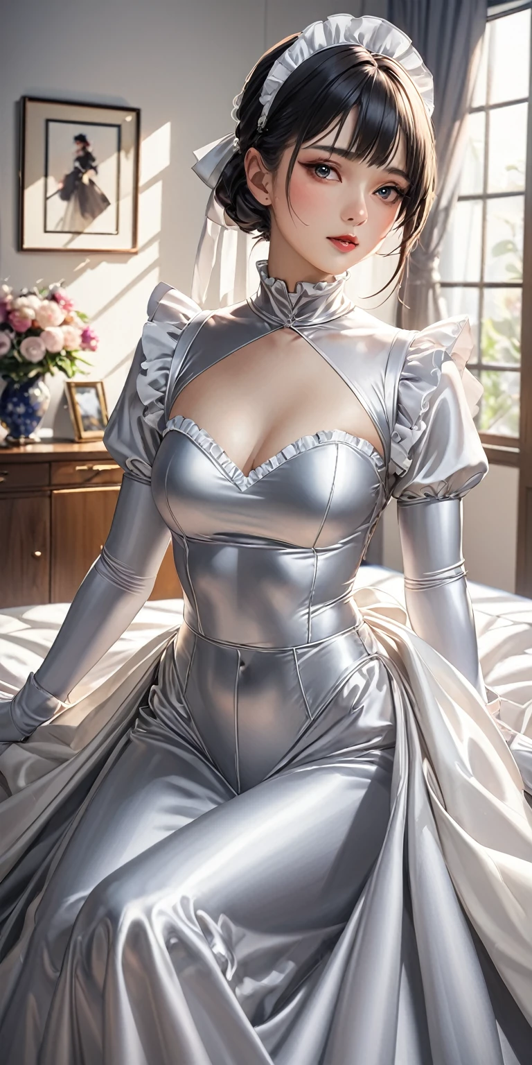 Portraiture、(masterpiece,Highest quality,Ultra-high resolution),Japanese women, (((Very beautiful 25 year old girl)))、She is wearing a shiny light silver satin long sleeve maid outfit..、The dress has a simple design without any patterns...、The skirt is a long skirt with frills.、Satin Gloves、((Satin bodysuit))、Bright room