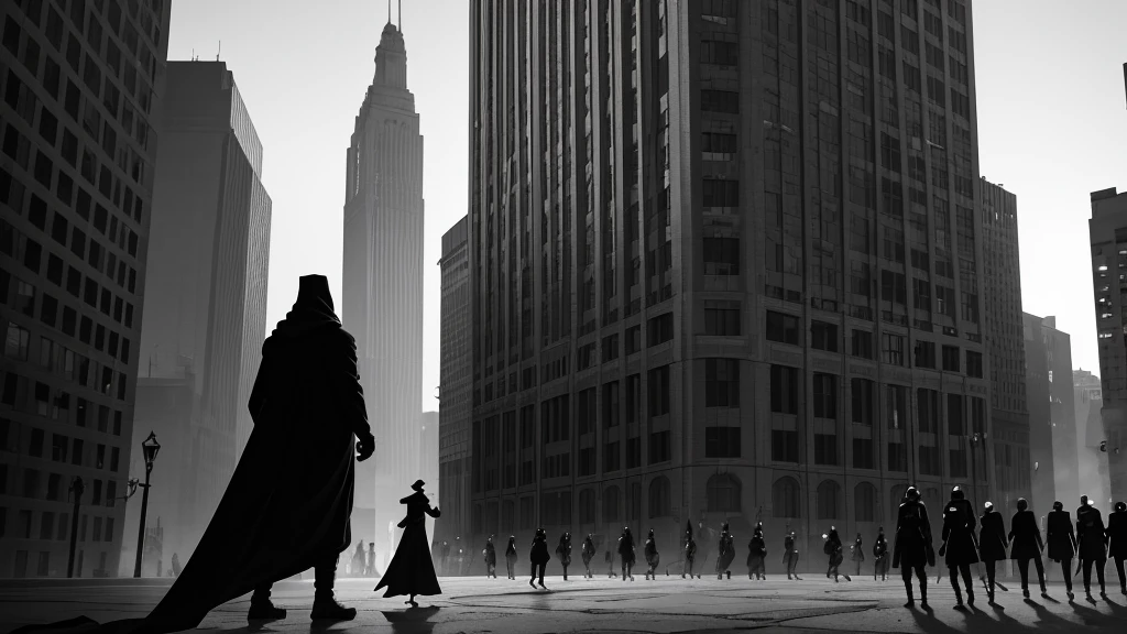 In a fully black and white scene, masked thieves are standing in front of a tall building. The scene captures the thieves' masked faces and their tense posture as they are positioned before the imposing structure. The monochromatic tones highlight the dramatic atmosphere and the scale of the building, emphasizing the contrast between the thieves and their surroundings.
