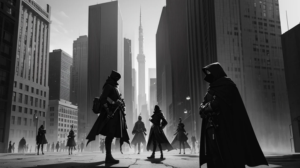 In a fully black and white scene, masked thieves are standing in front of a tall building. The scene captures the thieves' masked faces and their tense posture as they are positioned before the imposing structure. The monochromatic tones highlight the dramatic atmosphere and the scale of the building, emphasizing the contrast between the thieves and their surroundings.
