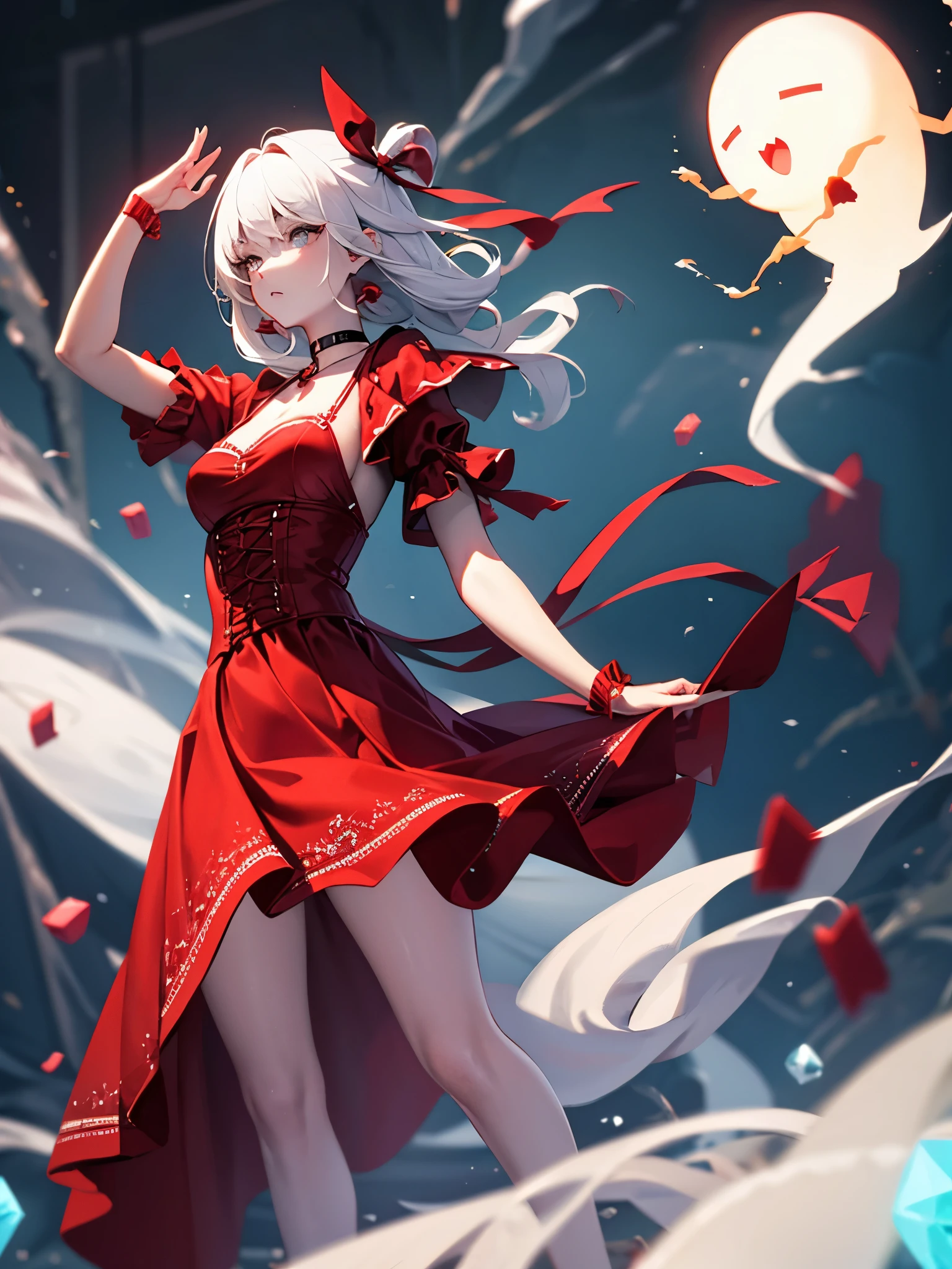 dancer, red dresses doll, showing off, masterpieces, HD, 16K, white hair, white eyes, red rope, scale up, perfect body shape, ghost, spirit, cute, spiral, red ribbon, Violence lolita, sexy, mind break, dumb, observation, nerd, creative, tips, electric shock, windy, wind effect, crystal, jelly, candy, red choker