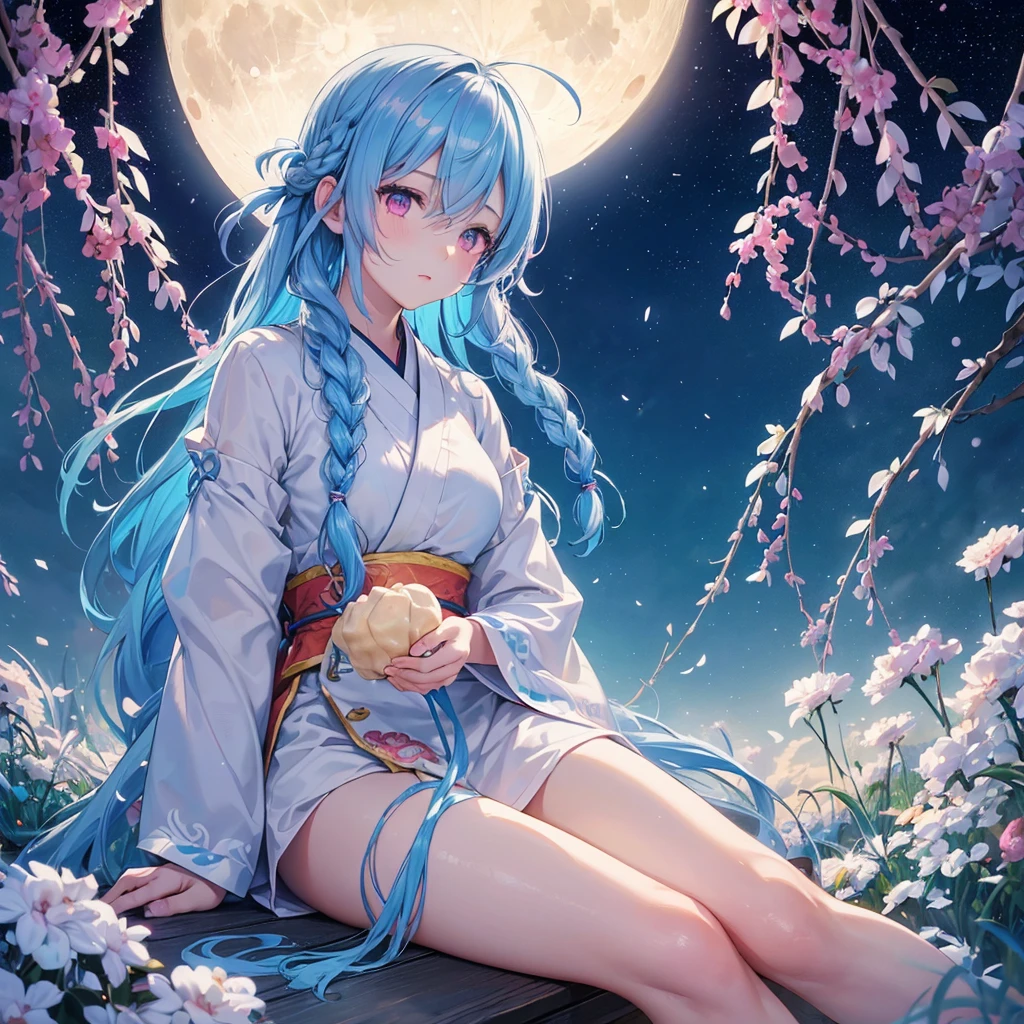 Sky blue hair, (Braided medium hair:1.2), Pink eyes,Fair skin ,(whole body),(One Girl),Tsukimi,(White sweet dumplings ),White round dumplings,Japanese pampas grass,(beautiful, Full moon shining in the night sky),(masterpiece, Highest quality, Very detailed, Best Shadow), (Detailed Background), (Beautifully detailed face), High Contrast, (Best lighting, Very delicate and beautiful), ((Cinematic Light)), colorful, Hyper Detail,8k, Dramatic Light, Intricate details,Sit and eat dumplings while watching the moon,mysterious