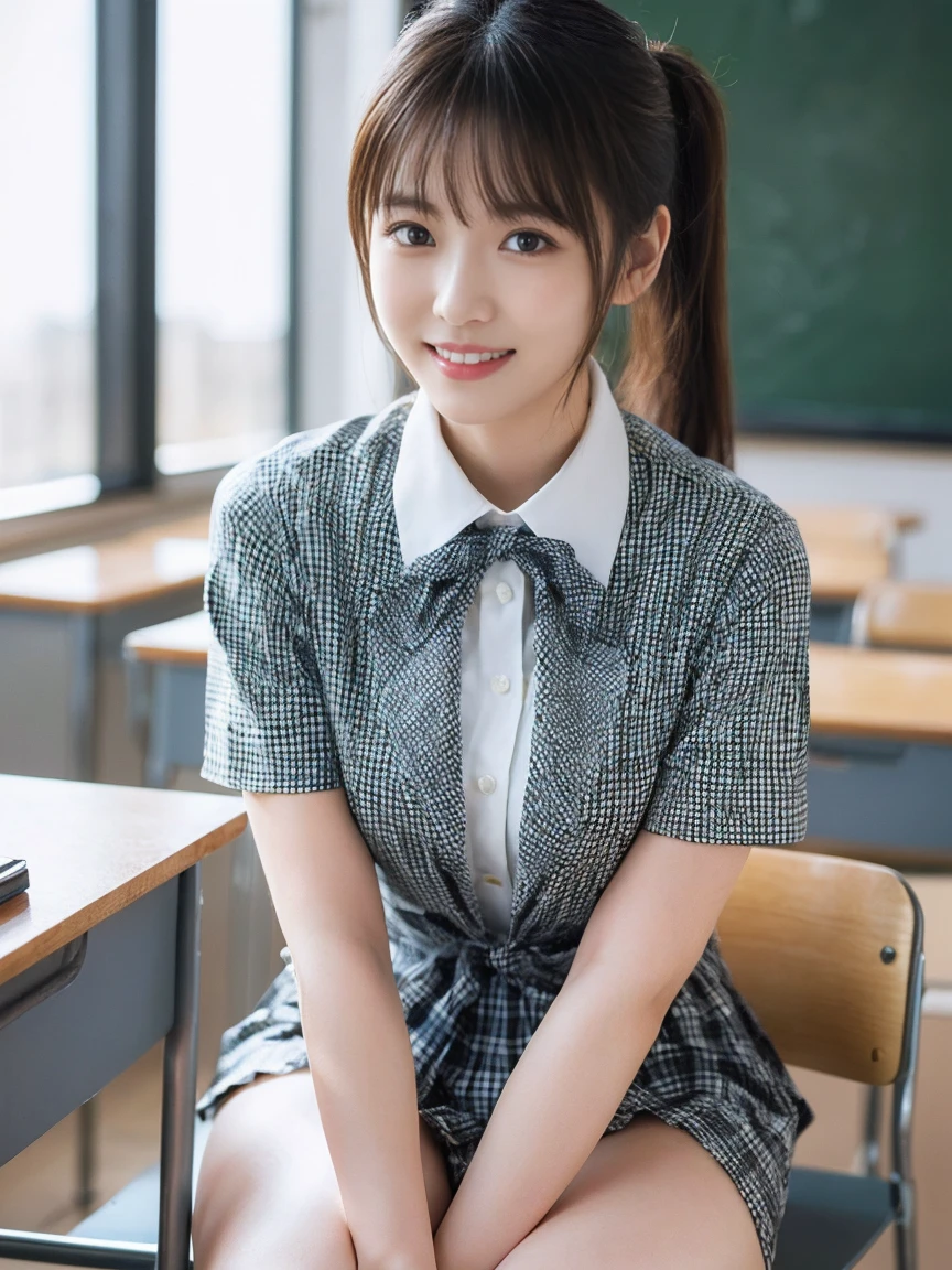 (classroom), (Beautiful and vibrant background), ((((??????????)))), (A fitted white short-sleeved collared shirt:1.2), (Checkered Pleated Skirt), (tie), (Beautiful black eyes down to the last detail), (Sit at a desk), (Attractive thighs:1.5), (Full Body Shot:1.2), Big eyes, (Heart shaped eyes), (1 girl), (Beautiful Face), Perfect Face, (High nose), Laugh a little, Embarrassing, Highest quality, High resolution, (Beautiful mature girl), (original), (masterpiece), (Very nice and beautiful), (Perfect detail), (Unity CG 8K Wallpaper), (Portraiture:1.2), (ponytail),