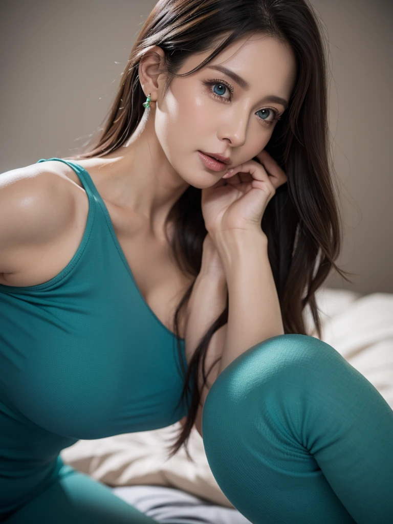 "Beautiful one 48 years old milf, showing cleavage, blue and green detailed eyes, beauty, detailed hair, small cleavage, small, leggings, close-up,