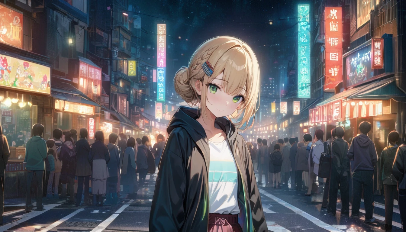 one girl, blonde short hair and bob hair、a braid, I tied my hair in a bun with a hair clip..、beautiful green eyes、smile、gentle smile on her face、flat chest, one Beautiful girl,((masterpiece, illustration, best quality) ((ultra-detailed)) ,At night on Chinatown Road, Yaowarat, there is an open area. wearing a hoodie, standing in a cool pose in the middle of the road. The lights at night are beautiful.Colorful lights are lines of movement.,濃い青とBeautiful Blueのグラデーション, High resolution, 8K HD detail, hyper-detail, cinematic, surrealism, soft light, deep field focus bokeh, ray tracing and surrealism. --v6