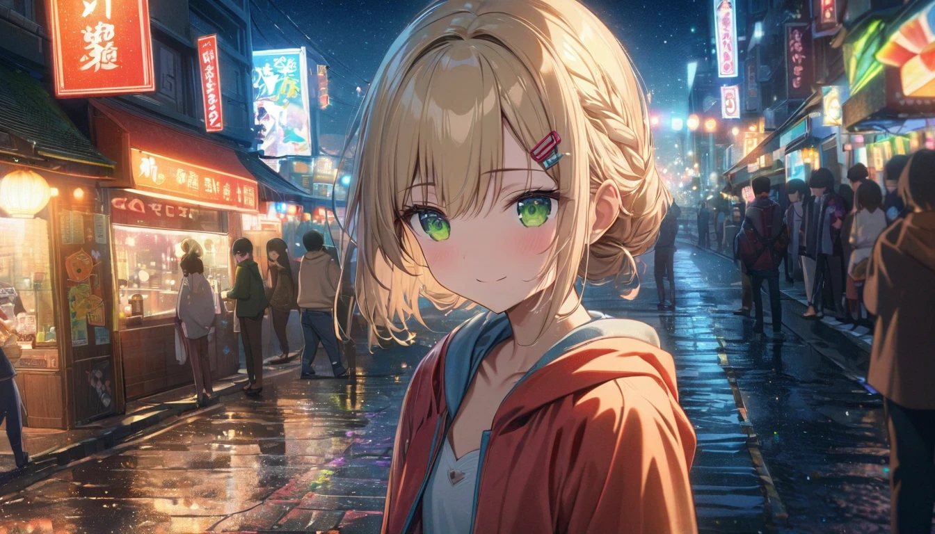 one girl, blonde short hair and bob hair、a braid, I tied my hair in a bun with a hair clip..、beautiful green eyes、smile、gentle smile on her face、flat chest, one Beautiful girl,((masterpiece, illustration, best quality) ((ultra-detailed)) ,At night on Chinatown Road, Yaowarat, there is an open area. wearing a hoodie, standing in a cool pose in the middle of the road. The lights at night are beautiful.Colorful lights are lines of movement.,濃い青とBeautiful Blueのグラデーション, High resolution, 8K HD detail, hyper-detail, cinematic, surrealism, soft light, deep field focus bokeh, ray tracing and surrealism. --v6