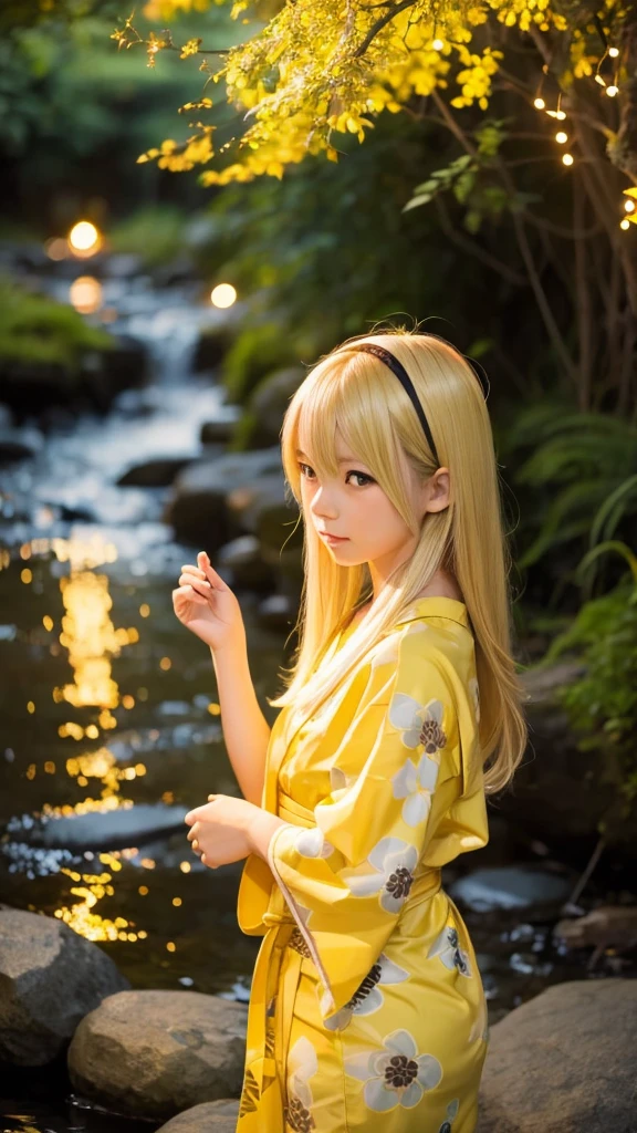 Blonde anime girl in a yellow yukata,Watching the fireflies by the stream