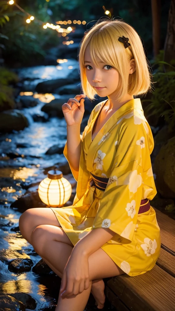 Blonde anime girl in a yellow yukata,Watching the fireflies by the stream