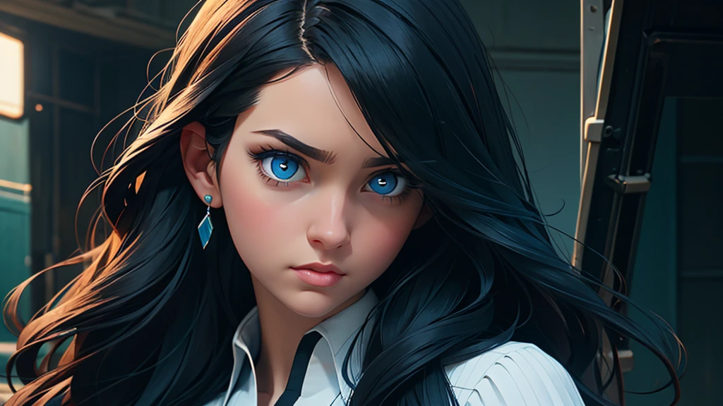 muka. White girl. black pleated hair. long hair. left ear sample. blue colored eyes. series. cinematic background.