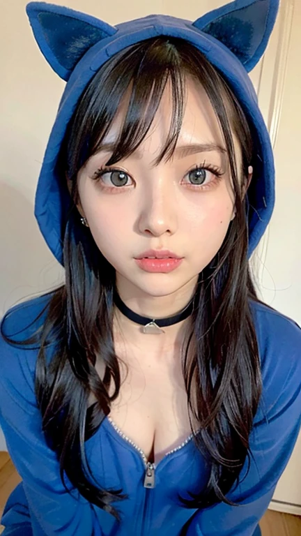 ((cat kigurumi))whole body viewing angle、Extraordinary sexy beauty、beautiful, calm and bright look、Sexy and refreshing look、完璧なbeautifulcute顔、Very bright, Bright Blue Eyes、Long bangs between the eyes、Long black hair straight hair、とてもcute、beautifully、Sexy young tiny woman、非常に完璧なbeautifulcute顔、、Real17歳女性、cute,((Small breasts))、(()) And a very slim figure,,,,,、Very thin leganicules、Earrings、Pink Lip、choker、Real、Sexual、Highest quality、Detailed face、Detailed Background、Depth of written boundary、Sexual、alone、night,Highest quality、High resolution、超High resolution（Real：1.4）Detailed eyes、Gradation、Perfect anatomical figure、Woman with perfect body、Highly detailed skin、非常にDetailed face、細部までbeautiful目、Background blur、