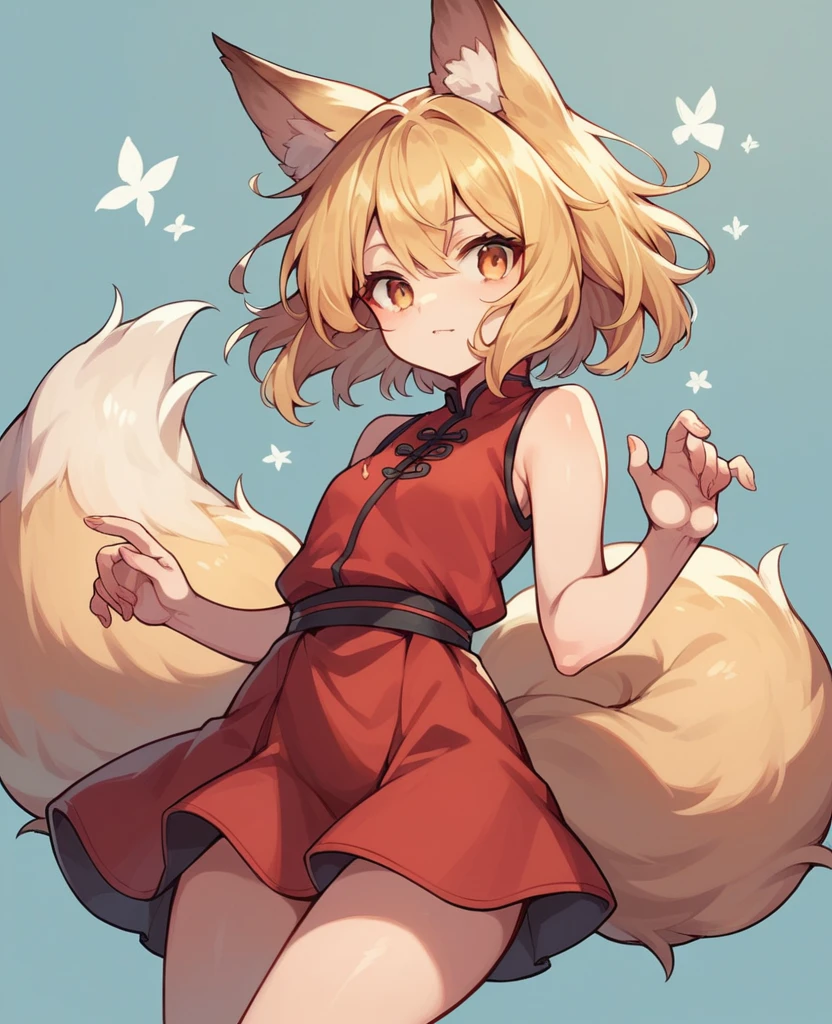 little young girl with short fluffy blonde hair, having 2 fox ears and 9 small fluffy fox tails, she wears a red sleeveless dress 