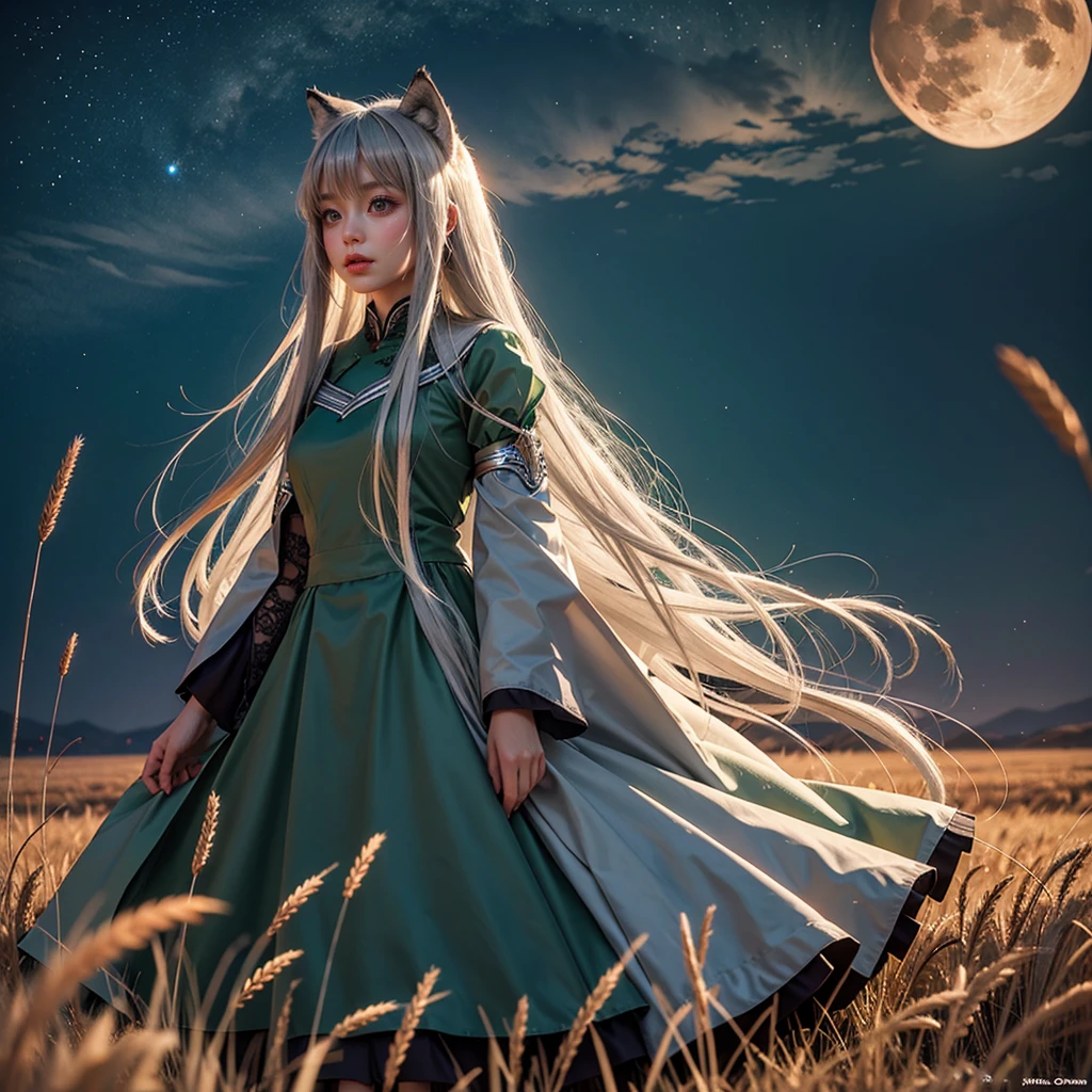 a girl (30years) with beautiful detailed green eyes and long silver hair, dressed as Holo, the wise wolf from Spice and Wolf, Standing in a burning wheat field under a bloody moon. The girl's lips are painted with a deep red color, adding an attractive touch to her face. His outfit is meticulously crafted, with intricate details that mimic the character's original design. The wheat field is in intense flames, casting a warm, vibrant glow. The moon in the sky looks big and red, creating a spooky and mysterious atmosphere. The artwork is of the best quality, with 8K resolution, showing every intricate detail and texture. Physically based rendering brings the scene to life, creating a highly realistic and immersive experience.