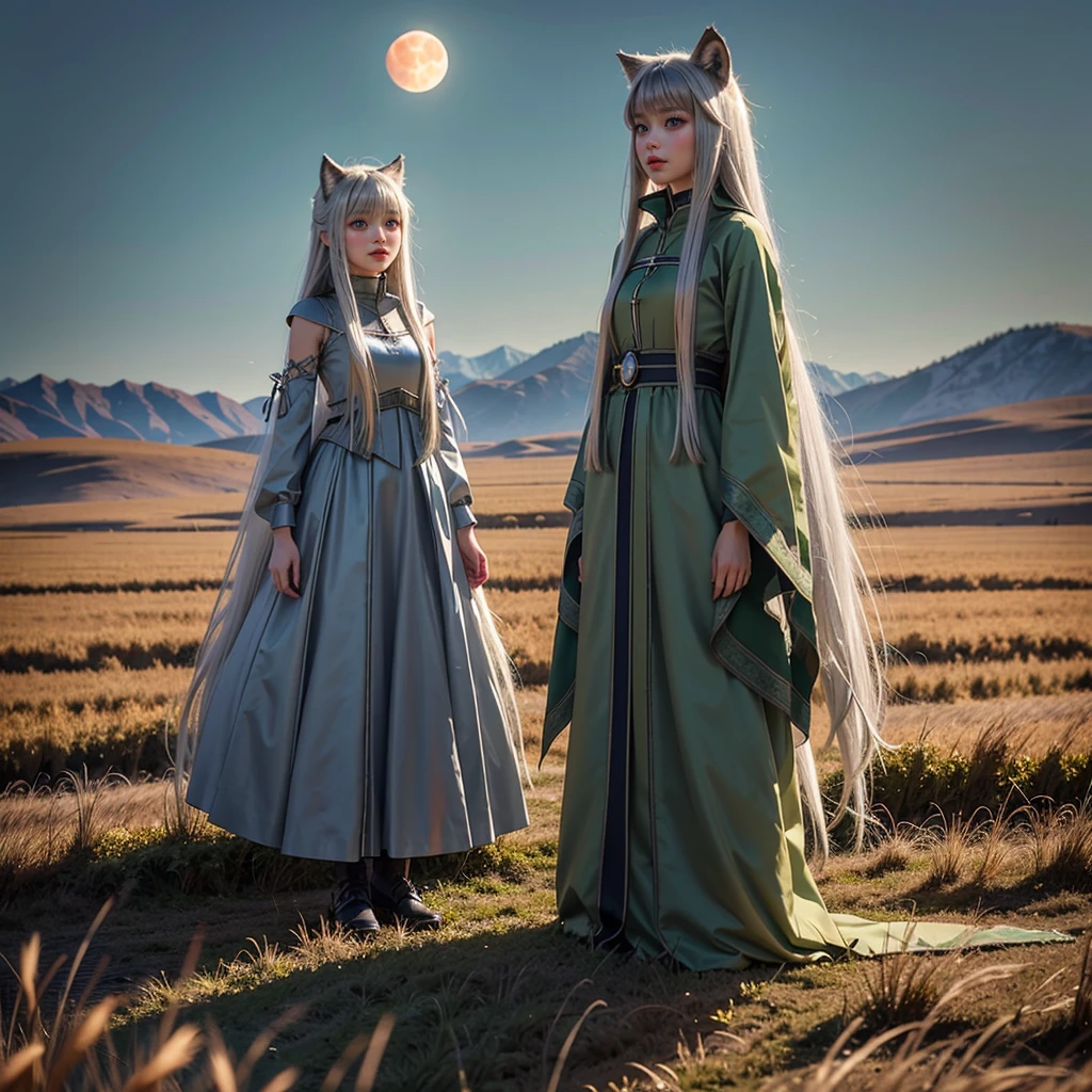 a girl (30years) with beautiful detailed green eyes and long silver hair, dressed as Holo, the wise wolf from Spice and Wolf, Standing in a burning wheat field under a bloody moon. The girl's lips are painted with a deep red color, adding an attractive touch to her face. His outfit is meticulously crafted, with intricate details that mimic the character's original design. The wheat field is in intense flames, casting a warm, vibrant glow. The moon in the sky looks big and red, creating a spooky and mysterious atmosphere. The artwork is of the best quality, with 8K resolution, showing every intricate detail and texture. Physically based rendering brings the scene to life, creating a highly realistic and immersive experience.