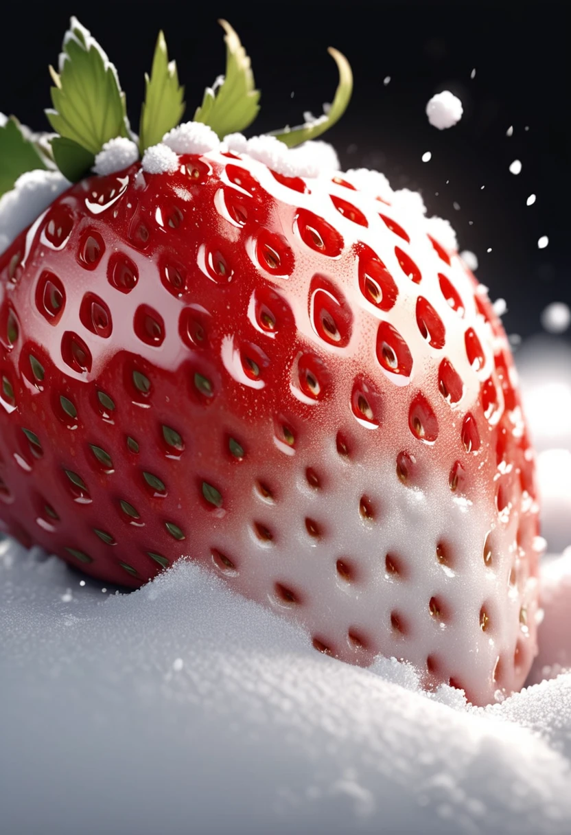 
               Close-up still life of a strawberry on a background of thick white snow. Actual and accurate anatomy. Extremely delicate texture. Clear and detailed animation. High quality. Realistic.