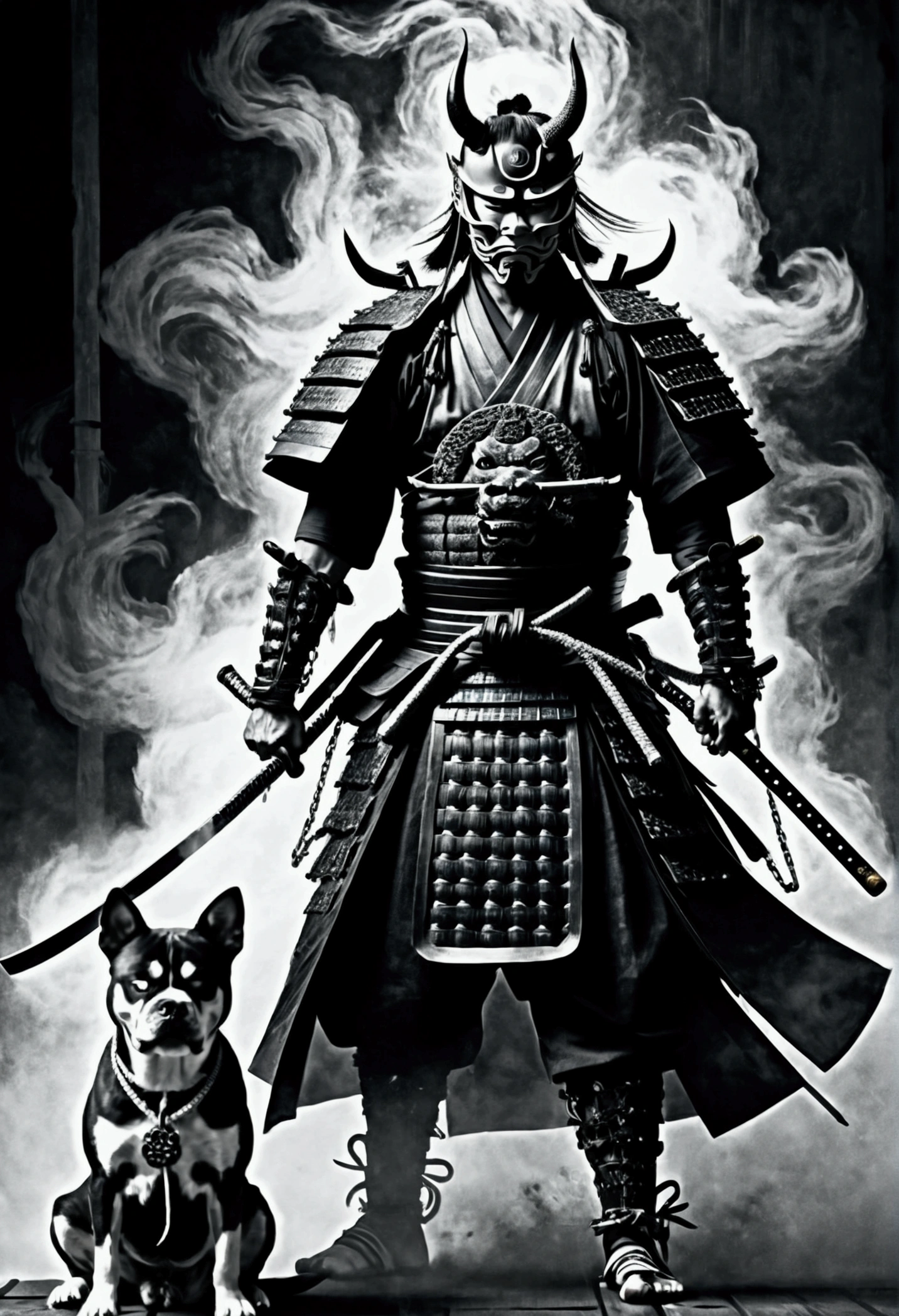 stunning japanese samurai in demon mask, full body, katana, holding chained dogs, dark painting, dark fantasy, mist, dust, monochrome