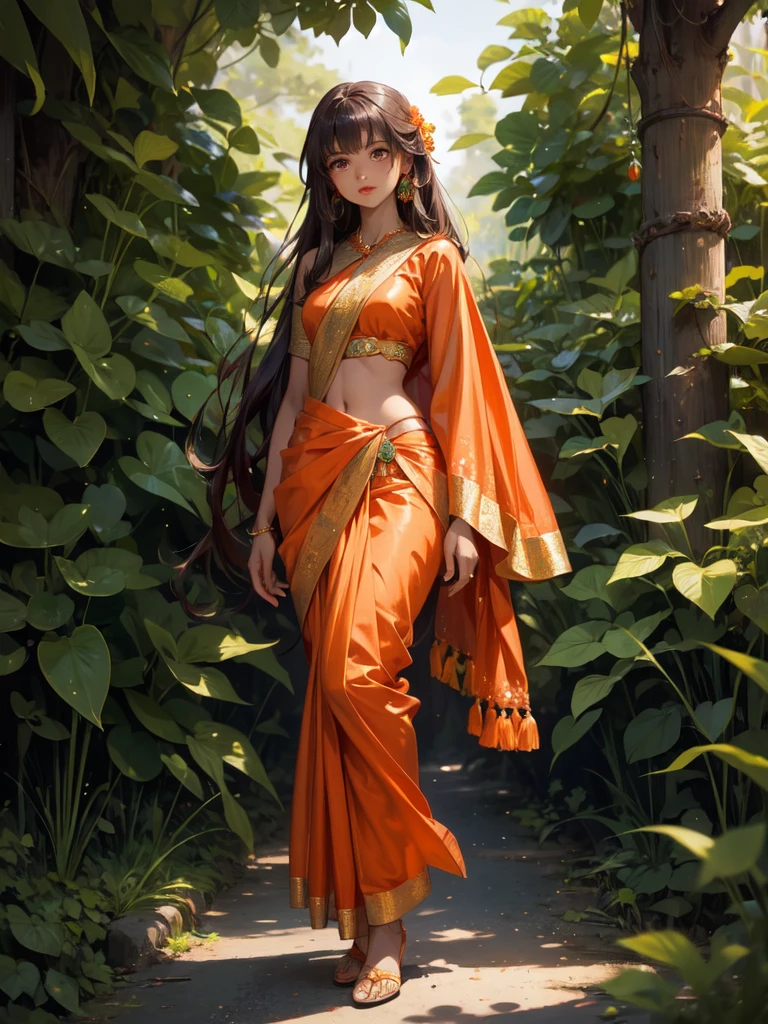 A Sanatani Hindu young woman in vibrant traditional orange Sanatani saree, standing in the midst of a mystical forest, And Hindu temple behind her