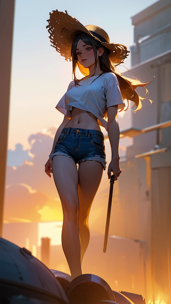 a girl walking on a street in the spaincity Madrid, denim shorts, white shirt, Tube top, straw hat, clouds reaching high in the open sky, golden hour lighting, cinematic, dramatic, hyper-detailed, photorealistic, masterpiece, (best quality,4K,8K,highres,masterpiece:1.2),ultra-detailed,(realistic,photorealistic,photo-realistic:1.37),HDR,uhd,studio lighting,ultra-fine painting,sharp focus,physically-based rendering,extreme detail description,professional,vivid colors,bokeh,landscape,warm color tones, Shoot from a distance so that the background is visible