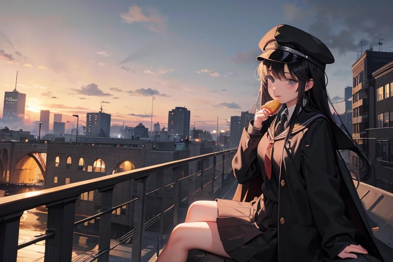 At dawn in a student town with thick fog and still dark air, amid the passing of people commuting to work and school, a female student with long, straight black hair, wearing a school cap, a black cape, a black school uniform with socks and long boots, was sitting on the railing of a massive stone bridge, munching on a sandwich she was holding.