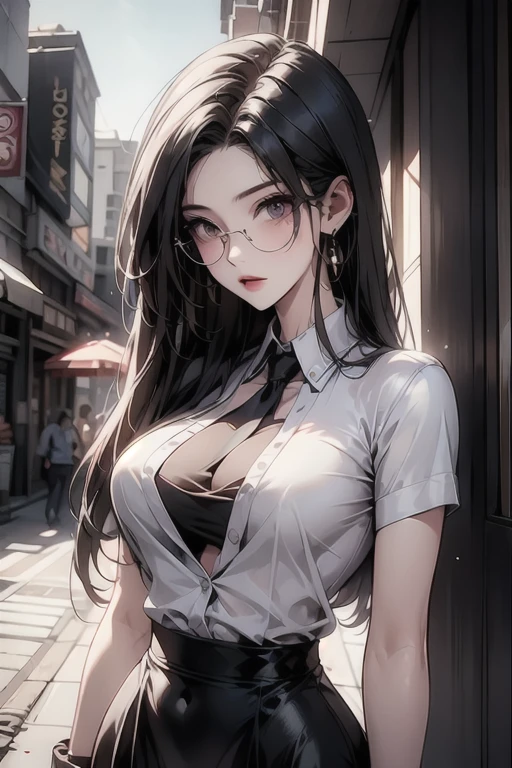 highest quality, masterpiece, high resolution,only {Black business suit:1.40} {tie:1.20} {sunglasses:1.25} {White gloves:1.15} { White shirt:1.10} {Black Skirt:1.15} good looking {Medusa_FGO:1.15} length_hair, Red_hair, very_length_hair, purple_eye, chest, big_chest, 1girl, solo, white background, Street backdrop, upper body, looking at viewer, bare arms, folded arms, หน้าหยิ่ง