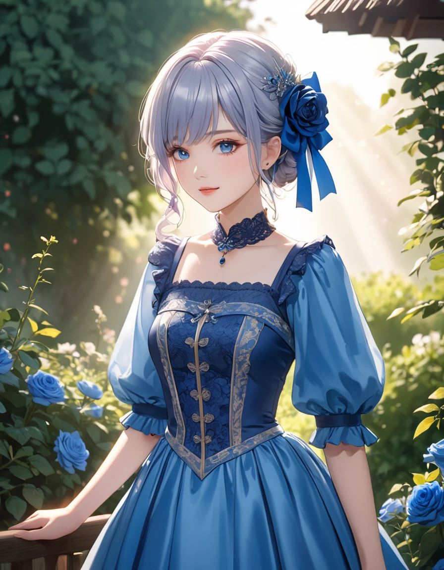 (top-quality),(masuter piece),(4k anime),Delicately drawn face,girl with a pretty face,beautiful detailed blue eyes,blue ta fashion,((beautiful detailed blue costume)),(Beautiful silky silver hair:1.2),blue ribbon hair ornament,pale skin,shading,film lighting,contrast magic,(in a garden where blue roses bloom),cowboy shot