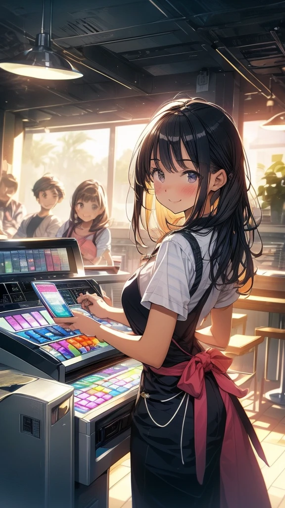 young woman,Facing forward,smile,((Standing inside the cash register)),Touching the cash register machine,Customer Service,((There is a cash register on the table)),(Scanning product barcodes at the cash register)),Supermarket clerk,Wearing an apron,((Working as a cashier)),((Cashier)),((cashier,register,)),((Receive money from customers)),There are products on the shelves,In the supermarket,Bright interior