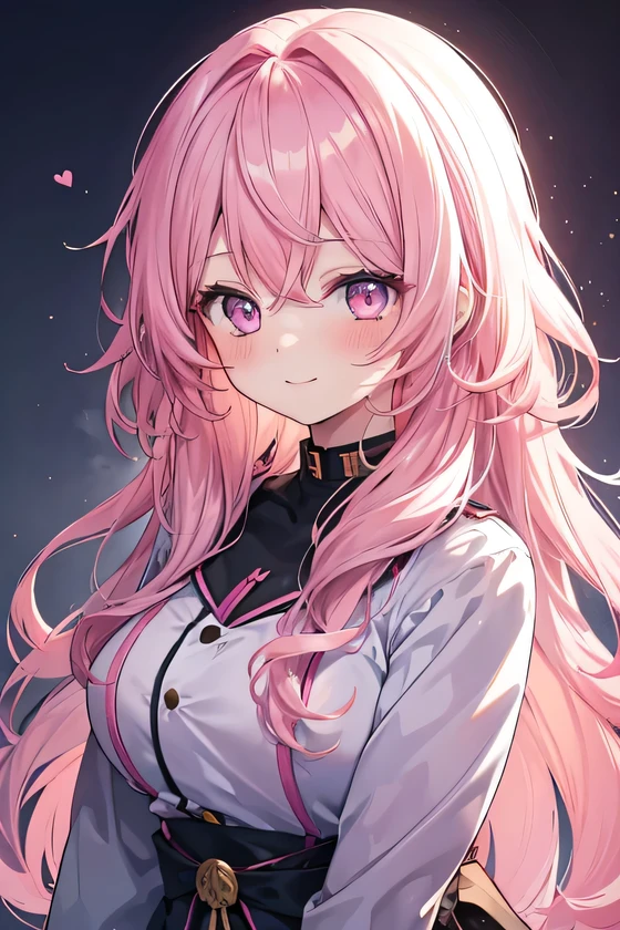 girl, cute anime girl, smile, pink hair, long hair, messy hair, wavy hair, pink eyes, blushing, girl, big tits, beautiful hair style, (((Best Quality: 1.4)))
