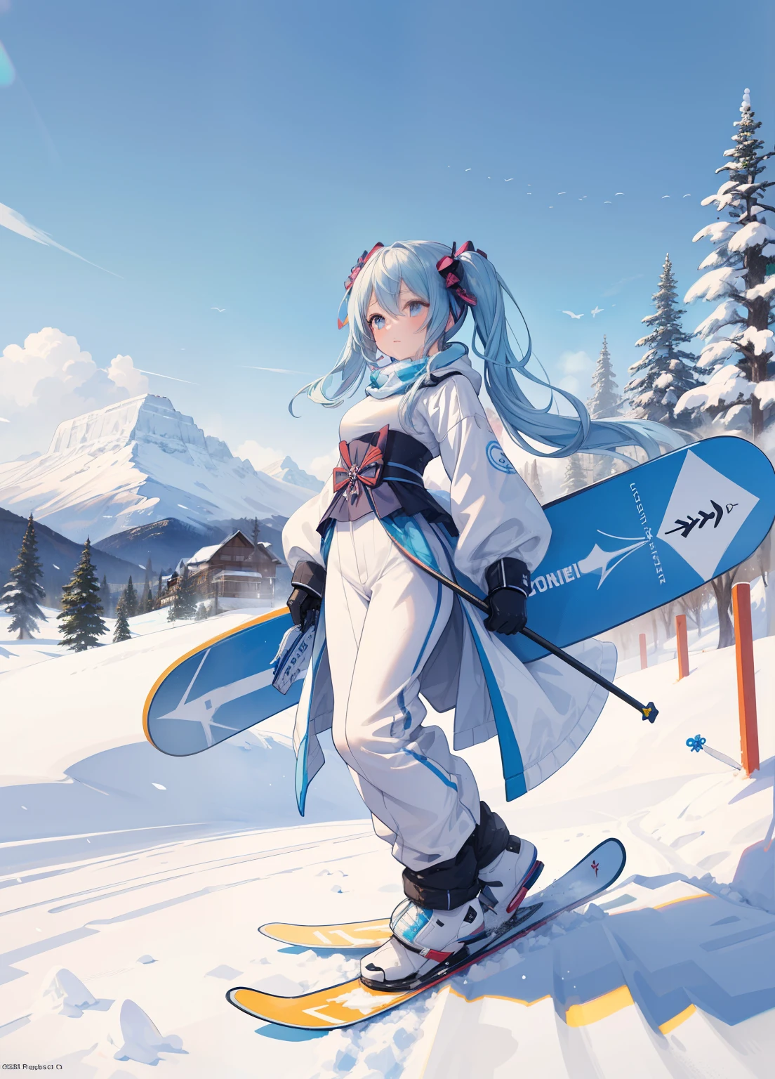 (masterpiece、Highest quality、Highest quality、Official Art、Beautiful and beautiful:1.2)、(One girl:1.3)Hatsune Miku、Twin tails,Beautiful breasts, Katsushika Hokusai,8k resolution, masterpiece, Highest quality, Award-winning works, unrealistic, Final Fantasy, Royal Jewel,Photorealistic Painting by Midjourney and Greg Rutkowski, , elegant, Very detailed, Delicate depiction of hair, Miniature Painting, Digital Painting, Art Station, Concept Art, Smooth, Sharp focus, shape, nature, Clear Shadows, Full body portrait, 22-year-old woman, , height: 170cm, big, Hard, Swaying bust, Ski Resorts, Snow Mountain, Female snowboarder,Olympic Snowboarders, snow board ジャイアントslalom, Ski Resorts, slalom, Fancy snowboarder&#39;Clothing, Complex structure, snow board, 急斜面をsnow boardでslide, slide, erotic, Sexy Woman, healthy shaped body,, 