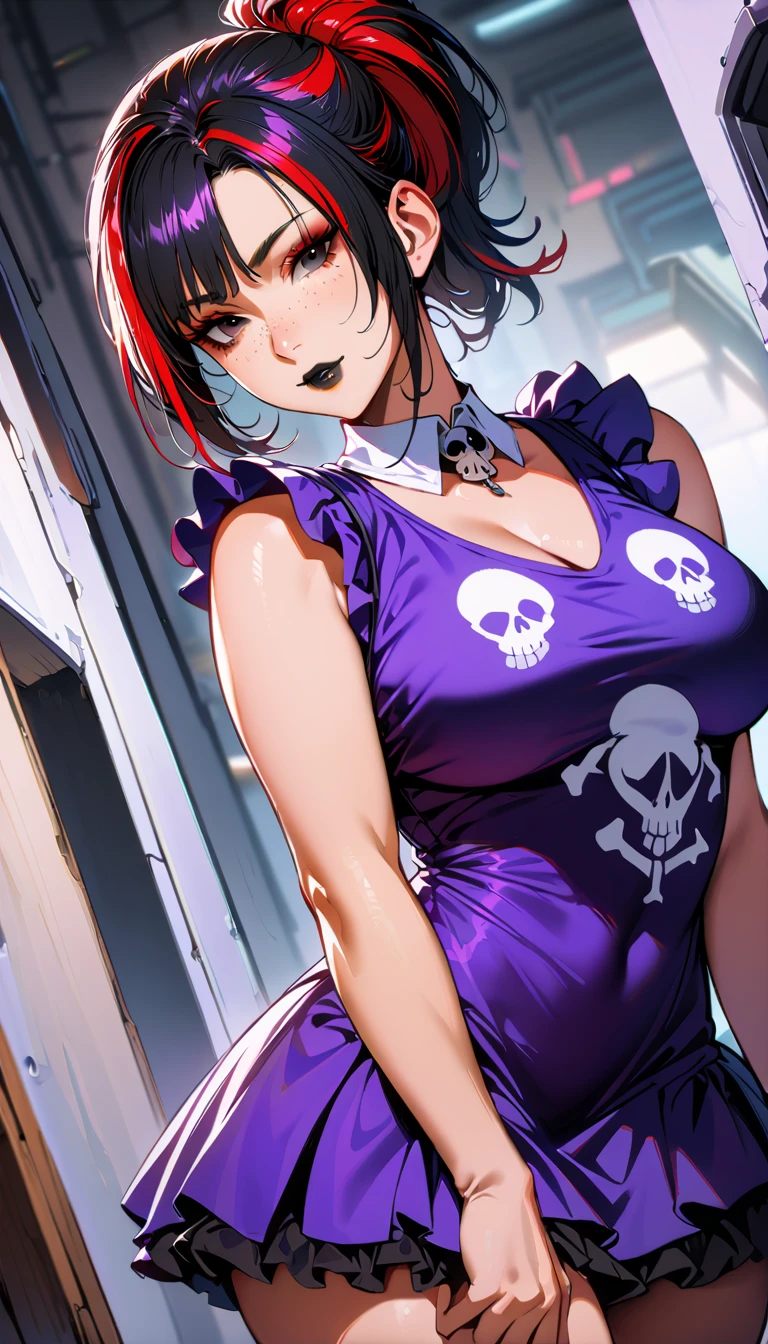 (high quality, 8k, 4K, high contrast, artwork:1.2, high quality, best aesthetics), (dynamic angle), (centered), ((1 woman)), erotic, sensual, mature body, sexy woman, super detailed, beautiful face detailed, beautiful eyes detailed, detailed beautiful mouth, perfect big breasts, perfect wide thighs, (black hair), (hair tied into a ponytail), (red streaks in the hair), (black eyes), (black eyeliner), (red eyeshadow), (black lipstick), (freckles), (relaxed expression), (purple dress with short ruffled skirt and skull print), (white collar), (standing)