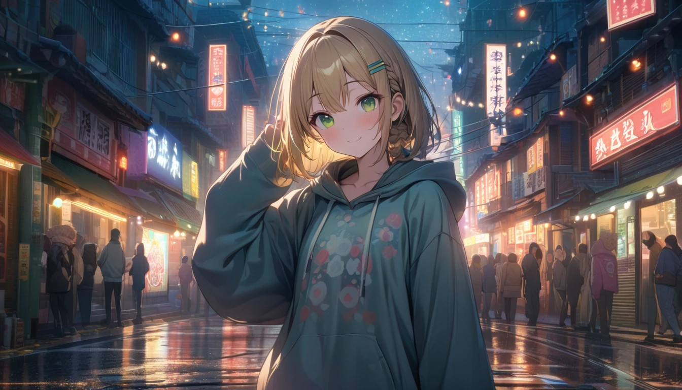 one girl, blonde short hair and bob hair、a braid, I tied my hair in a bun with a hair clip..、beautiful green eyes、smile、gentle smile on her face、flat chest, one Beautiful girl,((masterpiece, illustration, best quality) ((ultra-detailed)) ,At night on Chinatown Road, Yaowarat, there is an open area. wearing a hoodie, standing in a cool pose in the middle of the road. The lights at night are beautiful.Colorful lights are lines of movement.,濃い青とBeautiful Blueのグラデーション, High resolution, 8K HD detail, hyper-detail, cinematic, surrealism, soft light, deep field focus bokeh, ray tracing and surrealism. --v6, she's the only person in the image